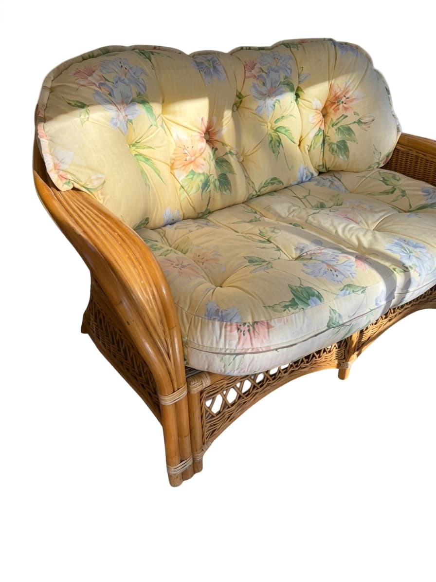 Vintage Rattan Wicker Loveseat Floral Cushions — photo 1 of 7