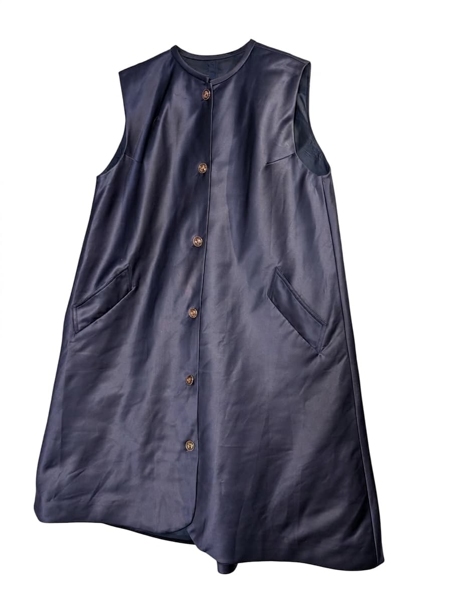 Vintage Sleeveless Button-Front Satin Tunic Vest - Navy Blue — photo 1 of 4