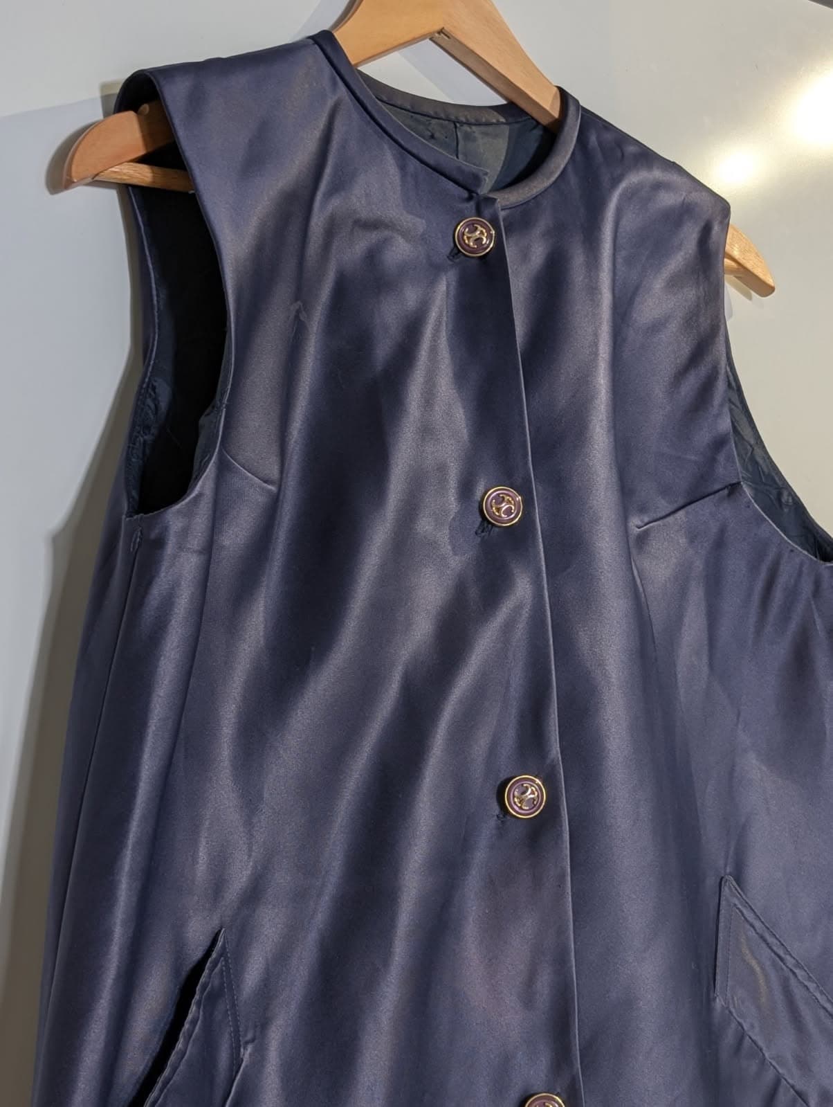 Vintage Sleeveless Button-Front Satin Tunic Vest - Navy Blue — photo 2 of 4