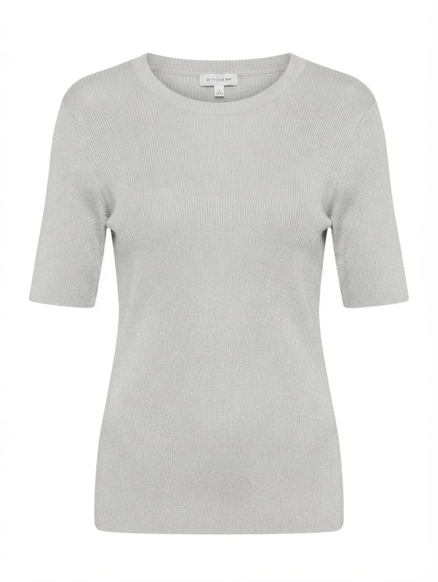 Witchery Silver Metallic Ribbed Knit Short Sleeve Top Size S — photo 1 of 7