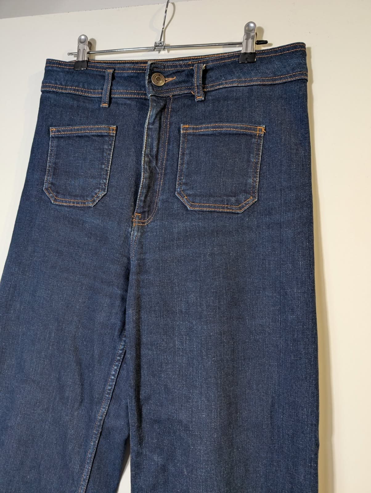 Zara High-Rise Wide-Leg Jeans Dark Wash Patch Pocket Raw Hem EUR 40 — photo 2 of 4