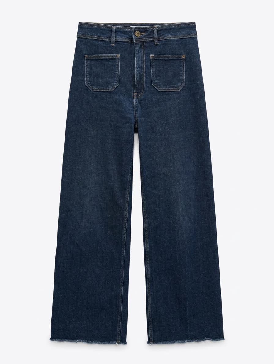 Zara High-Rise Wide-Leg Jeans Dark Wash Patch Pocket Raw Hem EUR 40 — photo 1 of 4