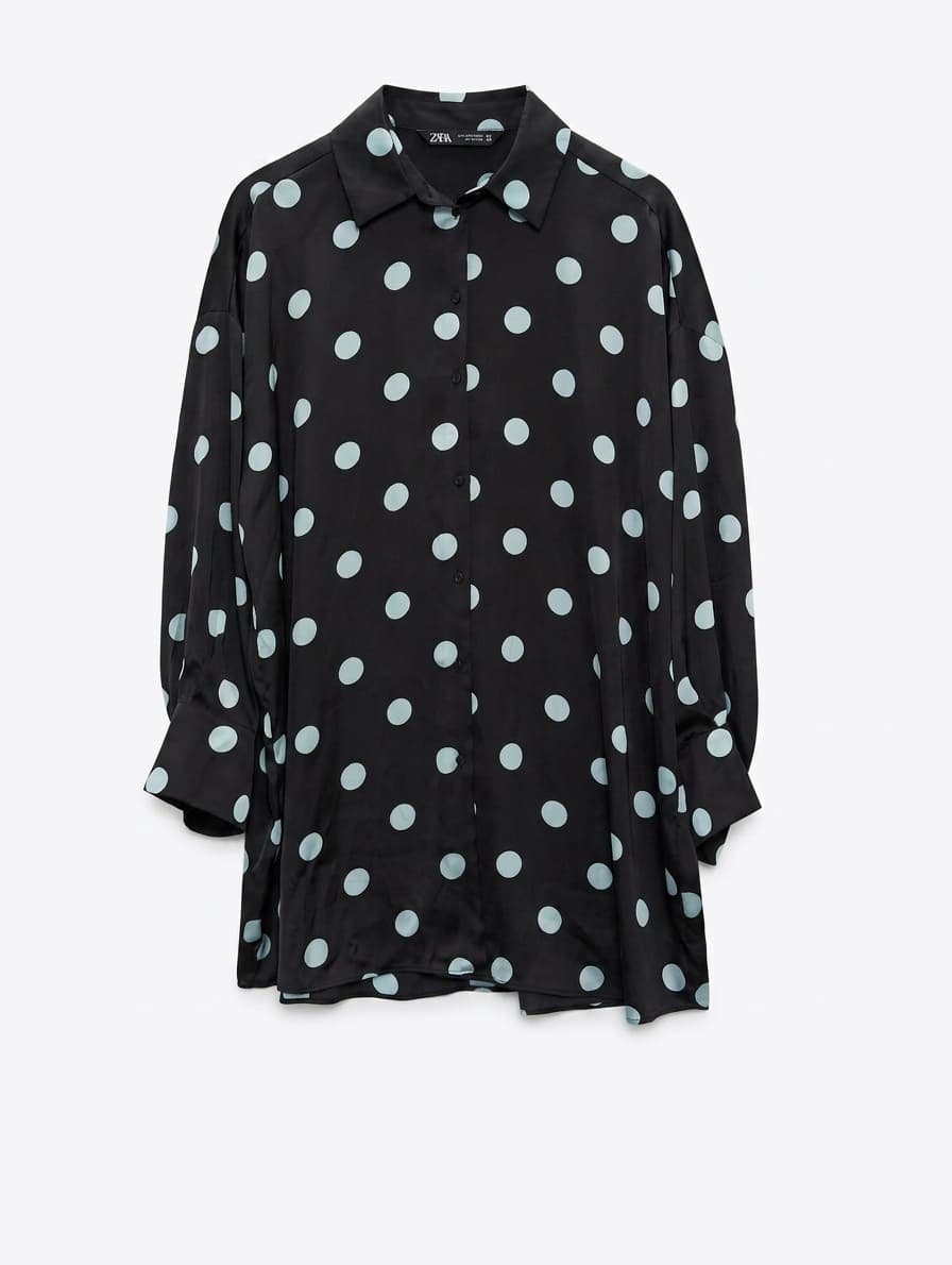 Zara Oversized Satin Shirt Black & Light Blue Polka Dot EU S — photo 1 of 5