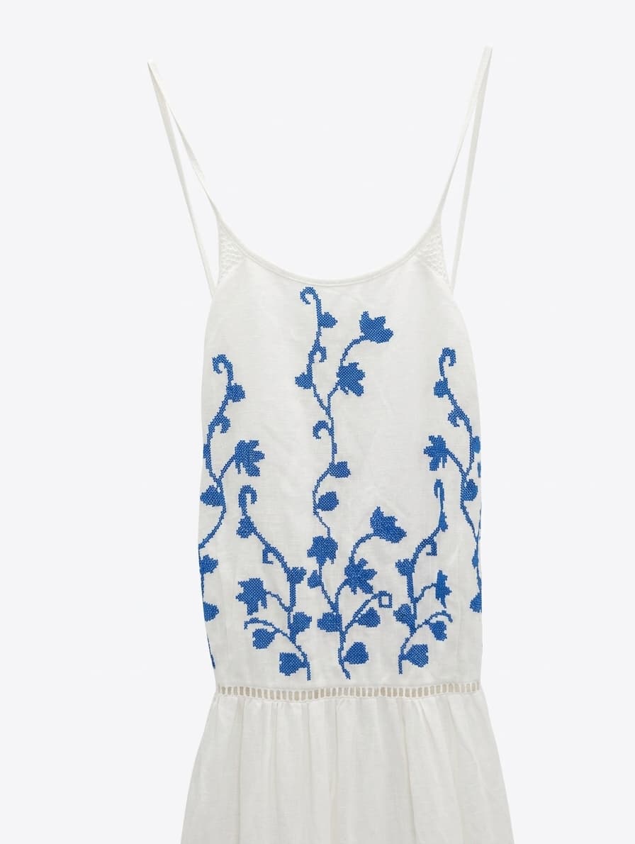 Zara Woman Embroidered Linen Blend Sundress White & Blue Floral Size S — photo 1 of 9