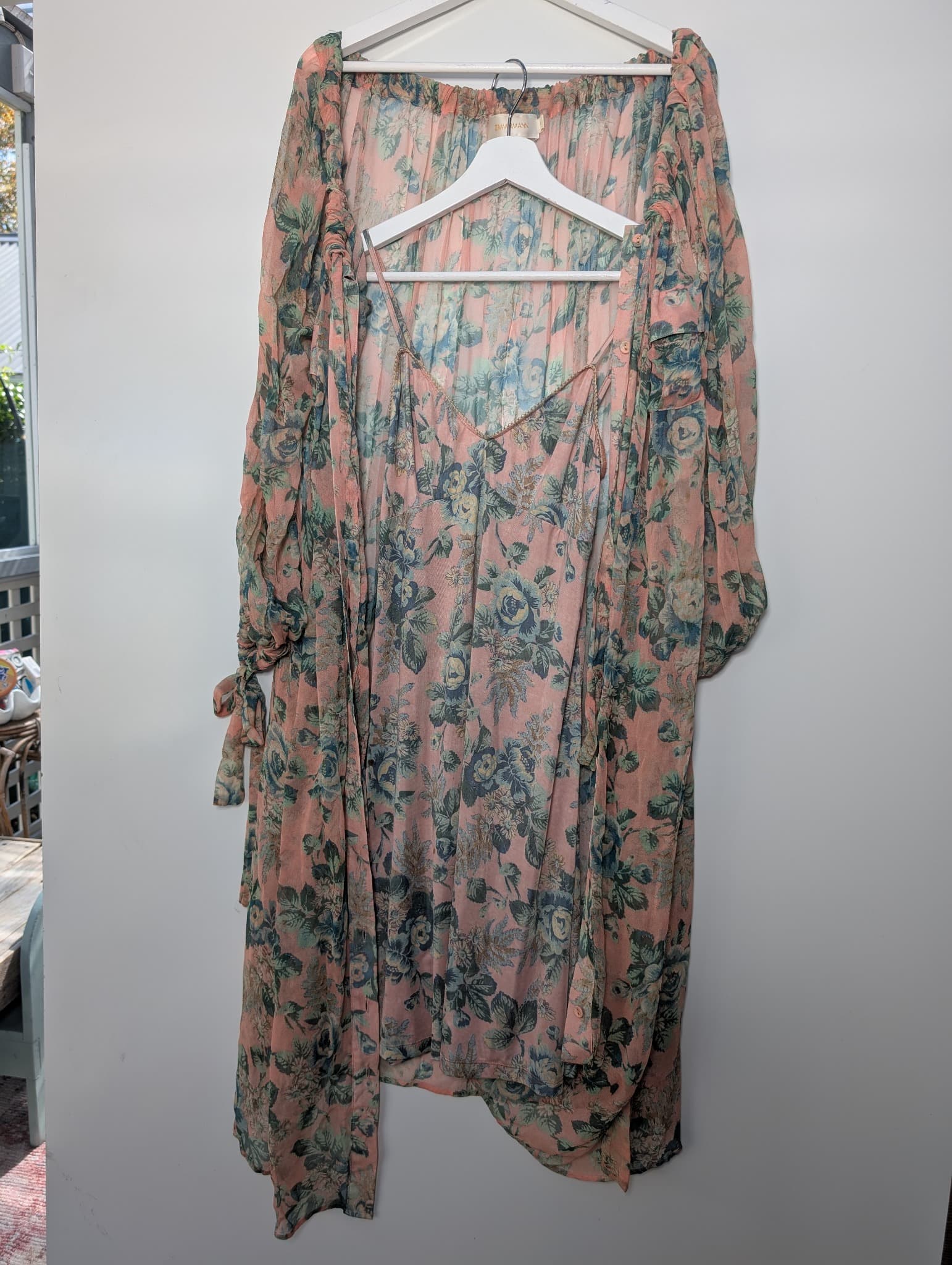 Zimmermann Floral Silk Slip Dress and Duster Robe Set Pink Size 0 — photo 2 of 12