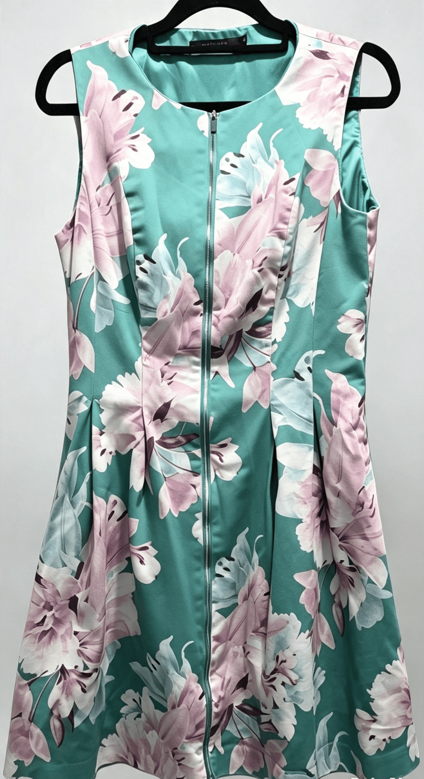 Portmans Dress Womens 10 Green / Pink Floral Fit Flare Front Zip Office City — photo 2 of 6