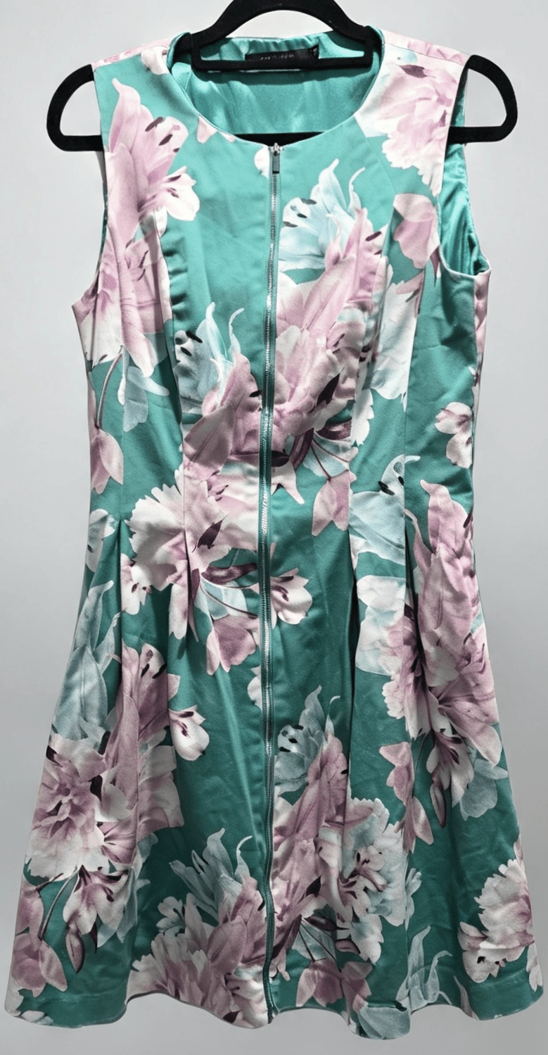 Portmans Dress Womens 10 Green / Pink Floral Fit Flare Front Zip Office City — photo 3 of 6