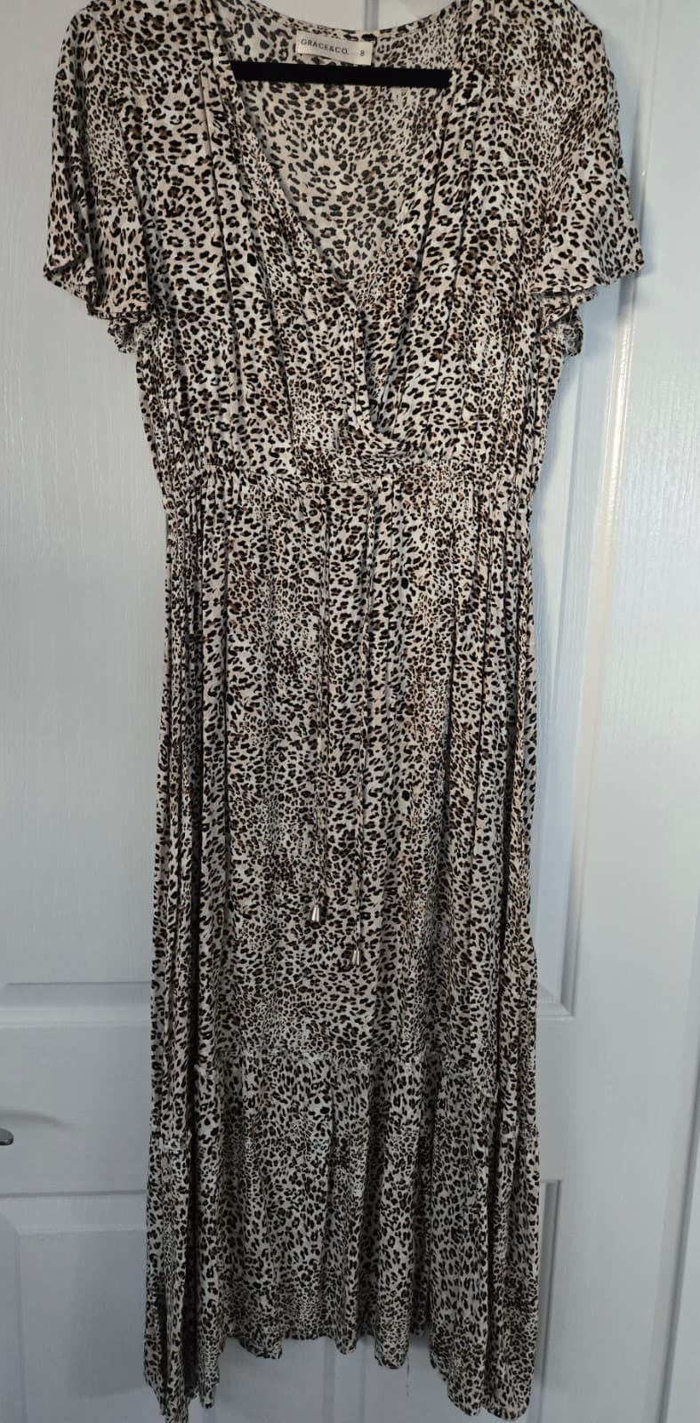 GRACE & CO Brown / White Leopard Print Maxi Dress Drawstring Waist - Womens 8 — photo 8 of 12