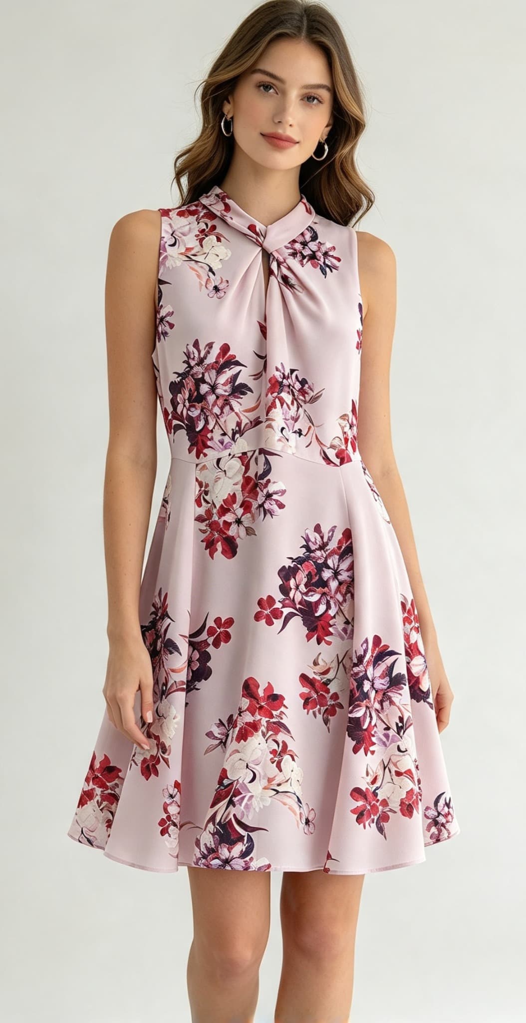 Portmans Dress- Sleeveless, High-neck, Floral mini dress with a blush base, red/maroon floral print, Size 12, twist neck detail, and an A-line skirt. . — photo 1 of 6