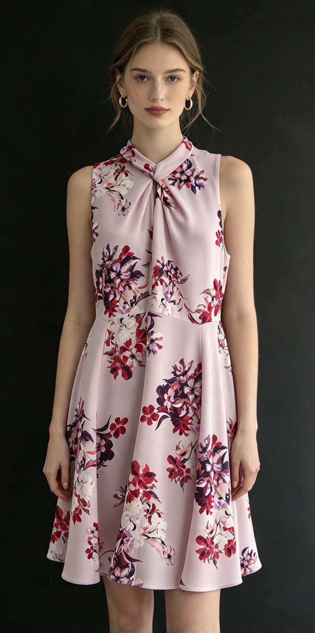 Portmans Dress- Sleeveless, High-neck, Floral mini dress with a blush base, red/maroon floral print, Size 12, twist neck detail, and an A-line skirt. . — photo 2 of 6