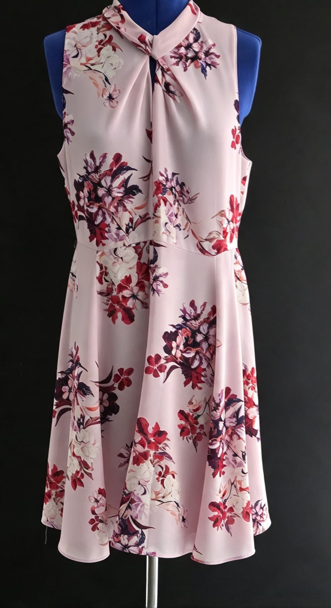 Portmans Dress- Sleeveless, High-neck, Floral mini dress with a blush base, red/maroon floral print, Size 12, twist neck detail, and an A-line skirt. . — photo 3 of 6