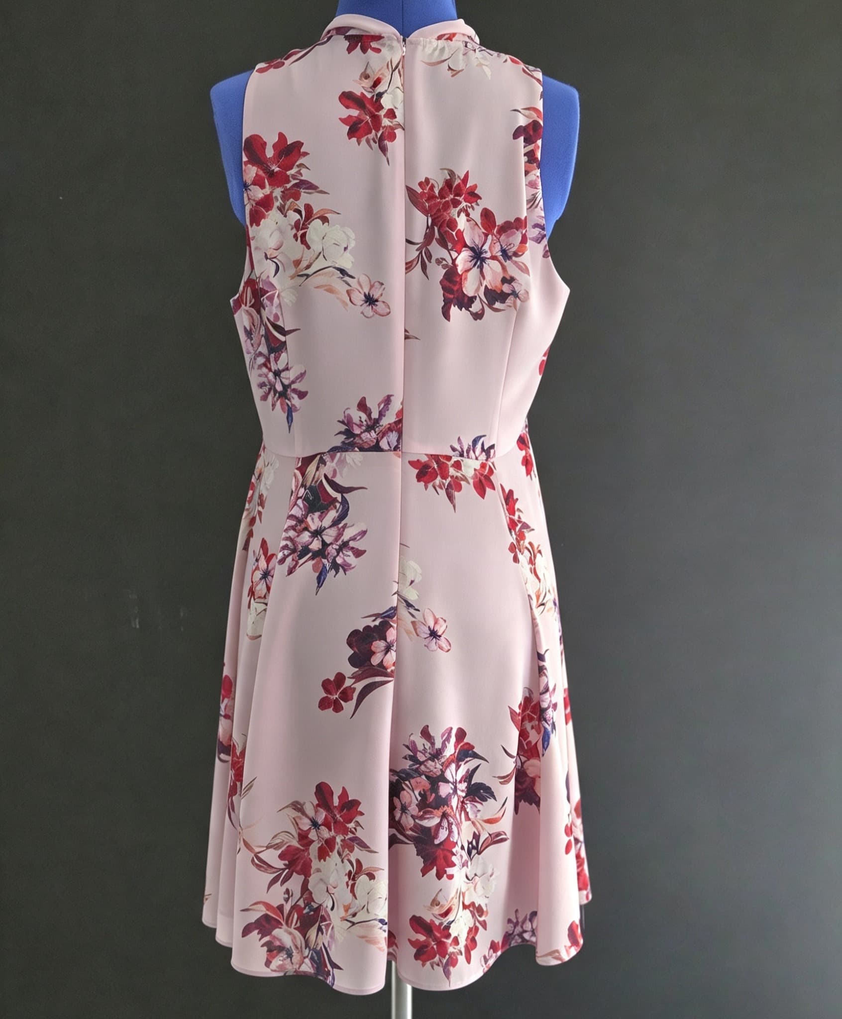 Portmans Dress- Sleeveless, High-neck, Floral mini dress with a blush base, red/maroon floral print, Size 12, twist neck detail, and an A-line skirt. . — photo 4 of 6