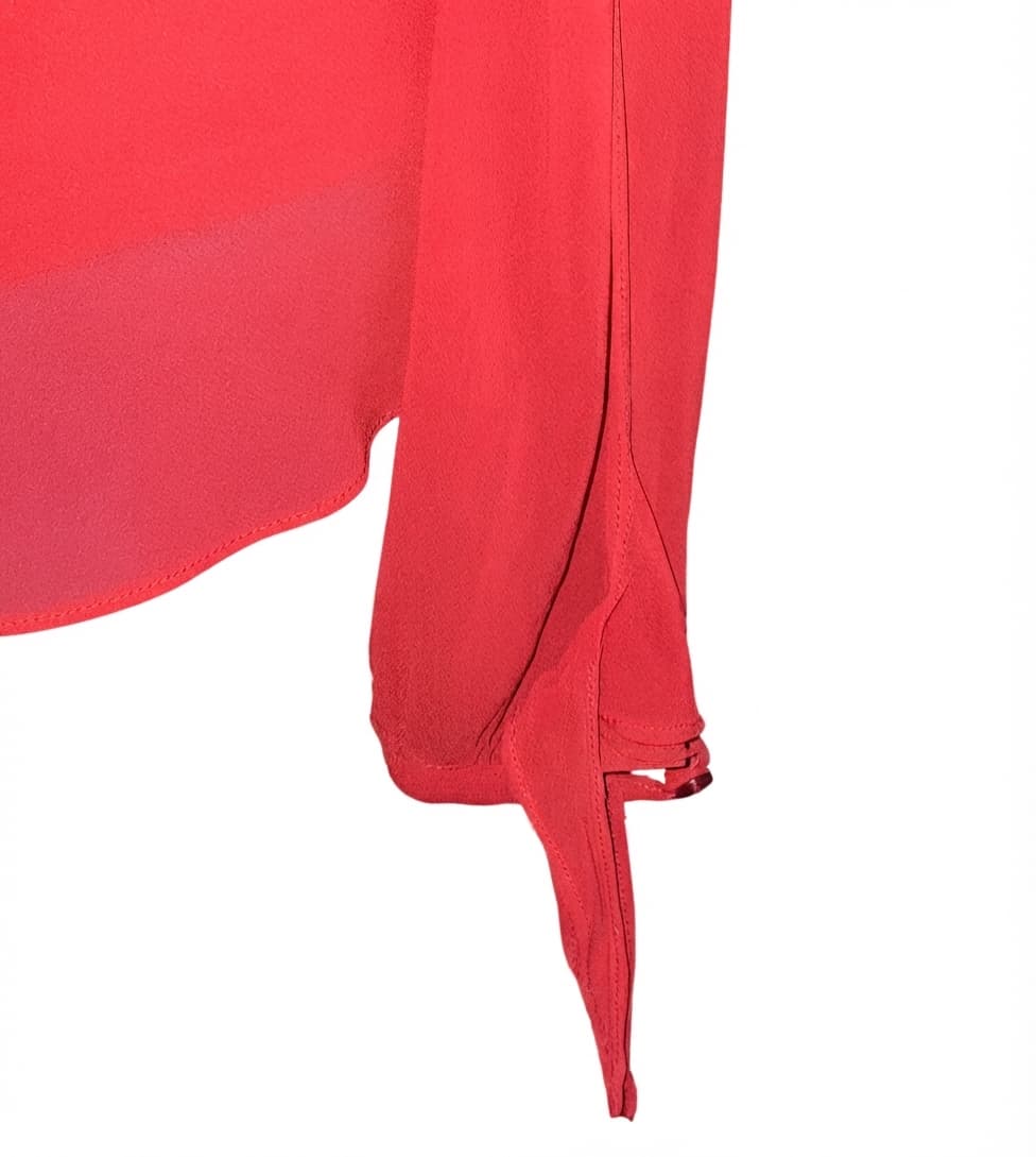 Vintage Y2K Ellen Tracy Red Cowl Neck Blouse, Sheer Chiffon Long Sleeve, Tie Cuffs - Size 14 — photo 8 of 9