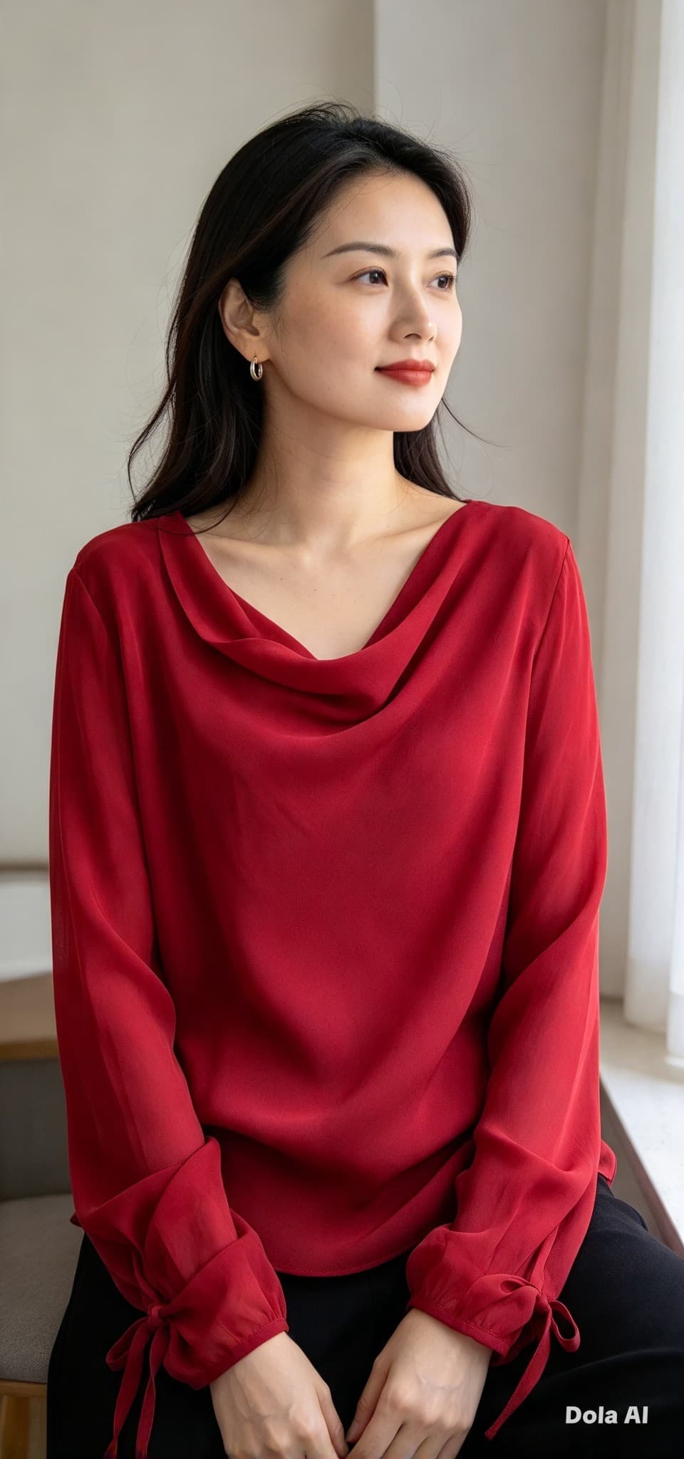 Vintage Y2K Ellen Tracy Red Cowl Neck Blouse, Sheer Chiffon Long Sleeve, Tie Cuffs - Size 14 — photo 1 of 9