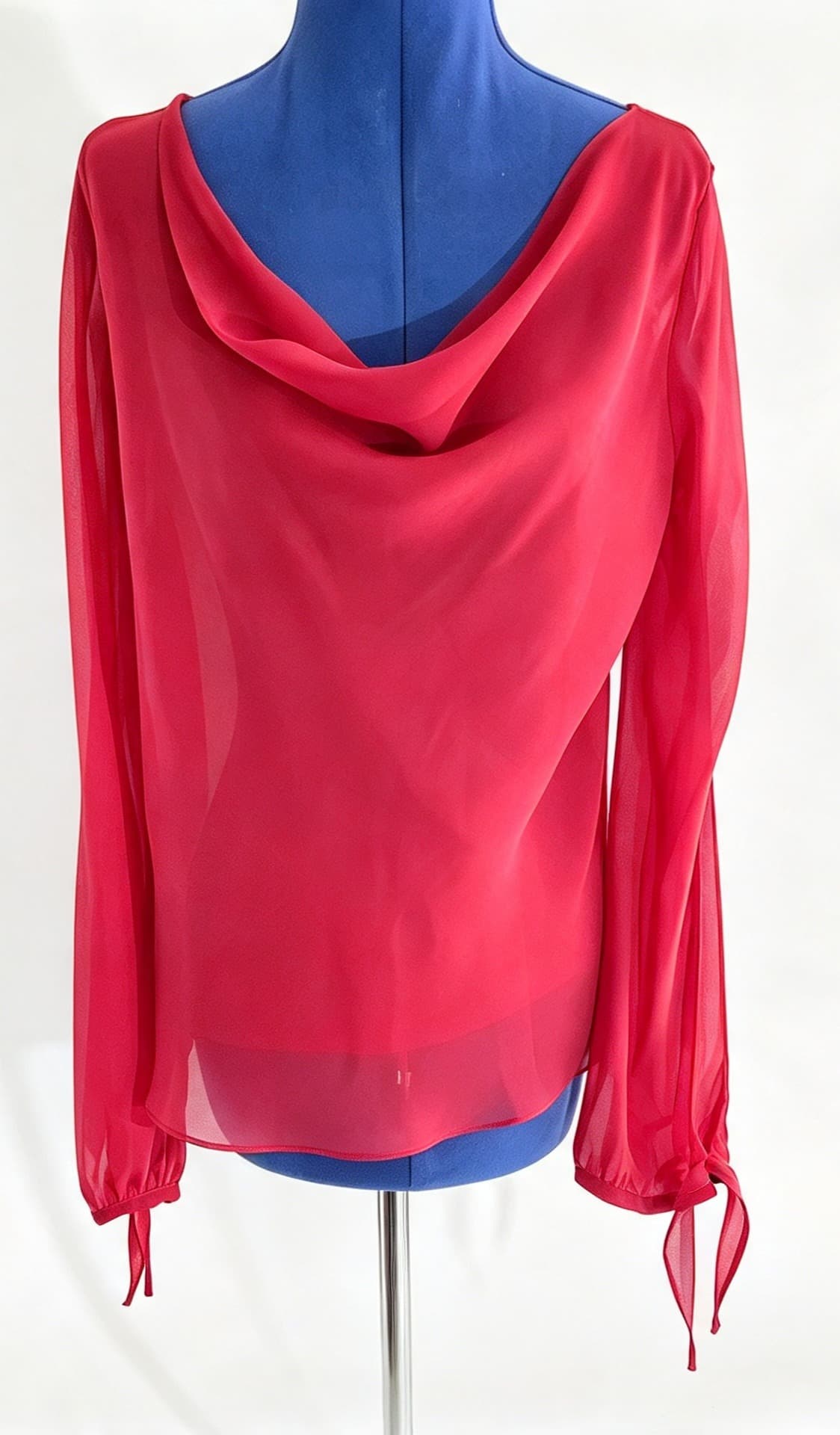 Vintage Y2K Ellen Tracy Red Cowl Neck Blouse, Sheer Chiffon Long Sleeve, Tie Cuffs - Size 14 — photo 7 of 9