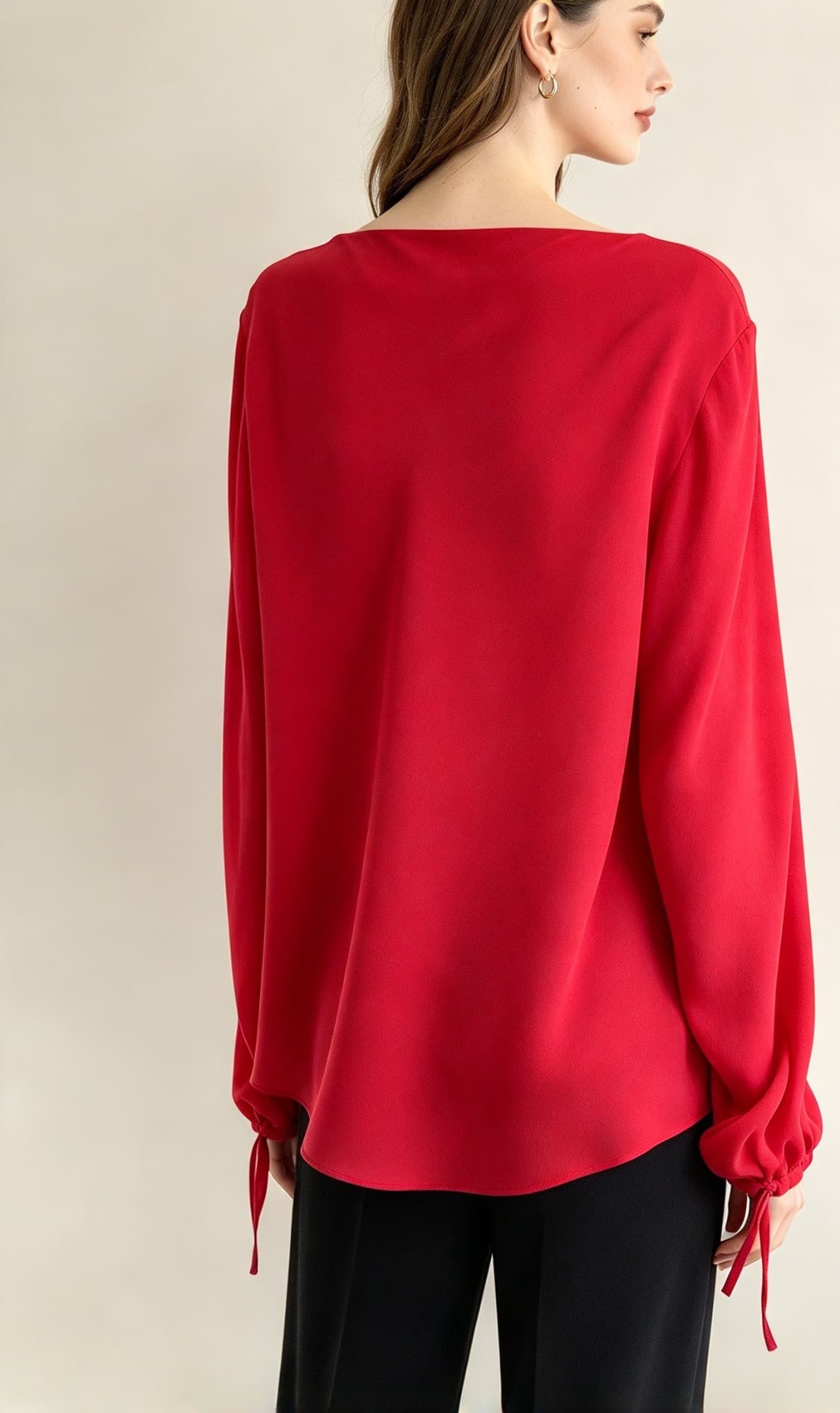 Vintage Y2K Ellen Tracy Red Cowl Neck Blouse, Sheer Chiffon Long Sleeve, Tie Cuffs - Size 14 — photo 2 of 9