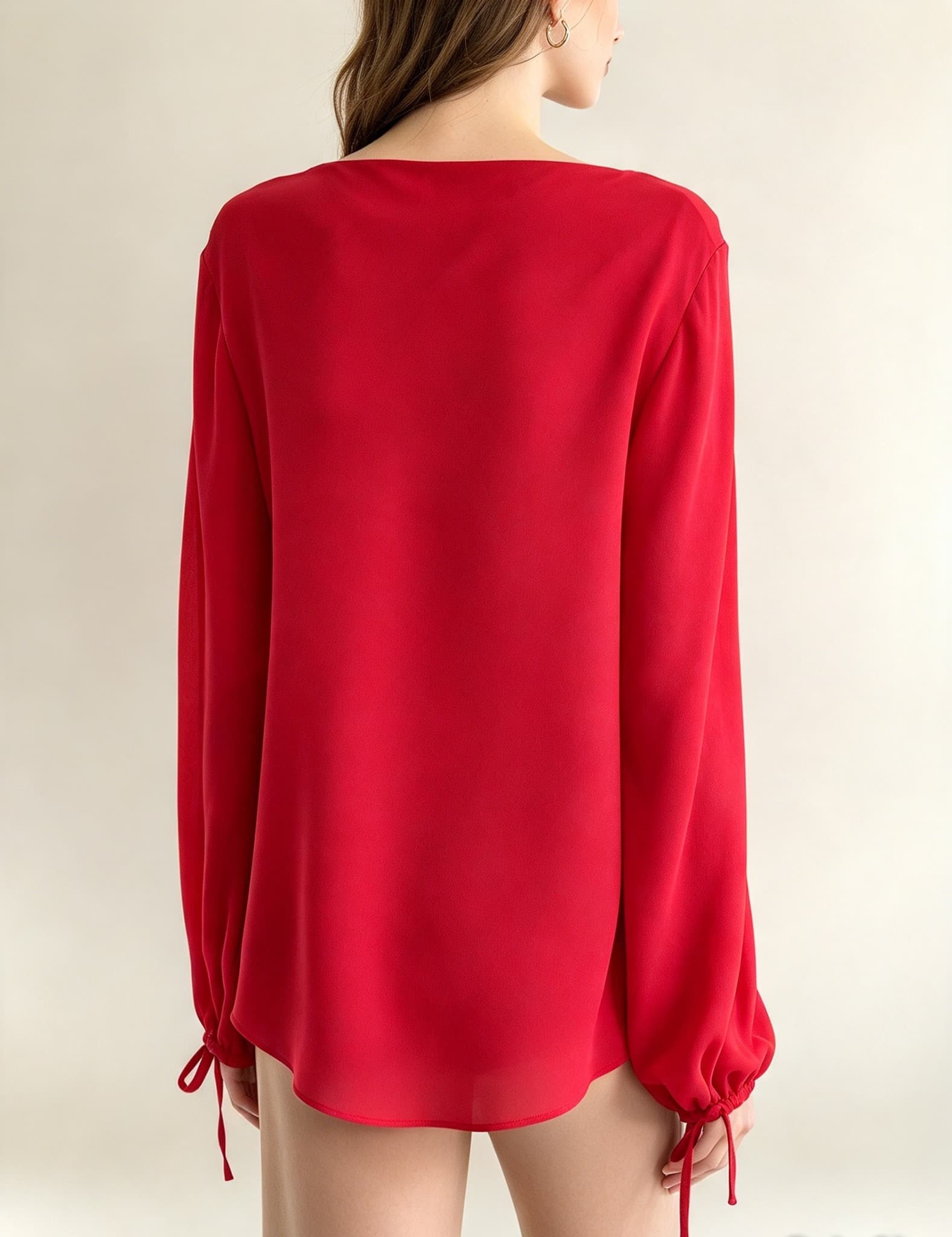 Vintage Y2K Ellen Tracy Red Cowl Neck Blouse, Sheer Chiffon Long Sleeve, Tie Cuffs - Size 14 — photo 3 of 9