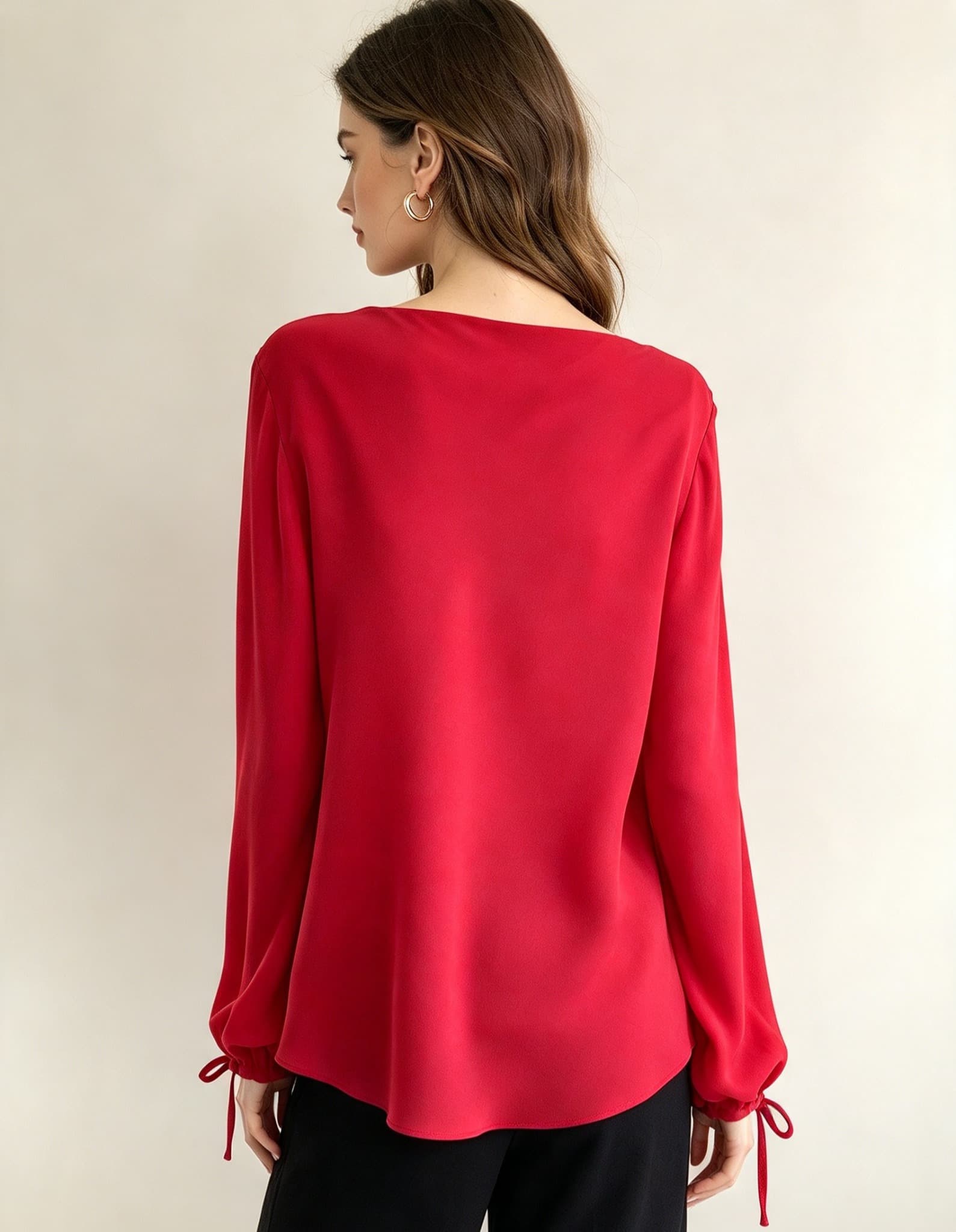 Vintage Y2K Ellen Tracy Red Cowl Neck Blouse, Sheer Chiffon Long Sleeve, Tie Cuffs - Size 14 — photo 4 of 9