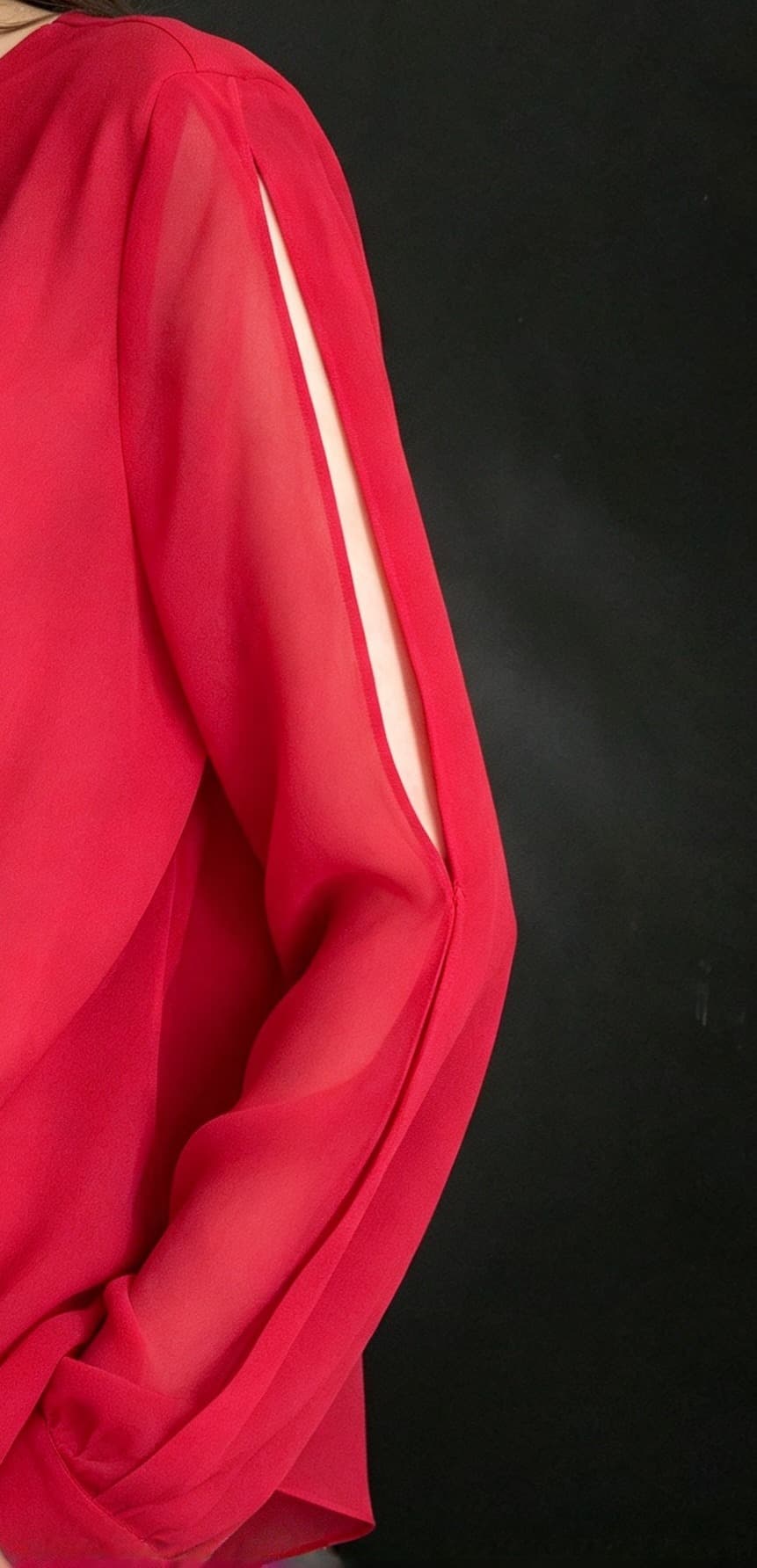 Vintage Y2K Ellen Tracy Red Cowl Neck Blouse, Sheer Chiffon Long Sleeve, Tie Cuffs - Size 14 — photo 5 of 9
