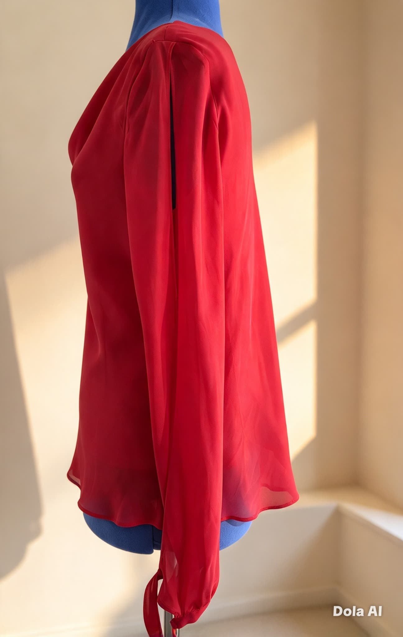 Vintage Y2K Ellen Tracy Red Cowl Neck Blouse, Sheer Chiffon Long Sleeve, Tie Cuffs - Size 14 — photo 6 of 9