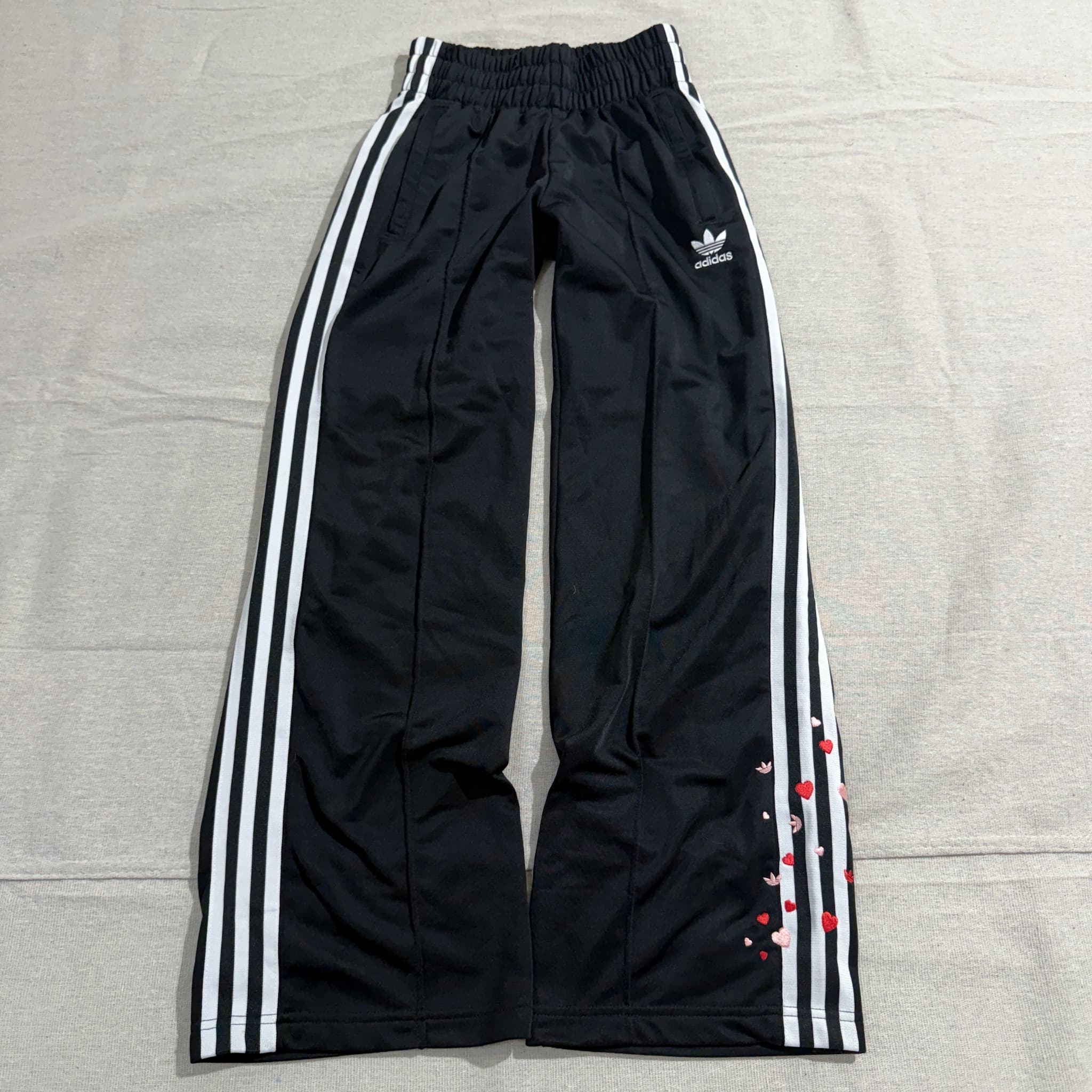 Adidas Originals Women's Wide Leg Track Pants Black With Heart Embroidery