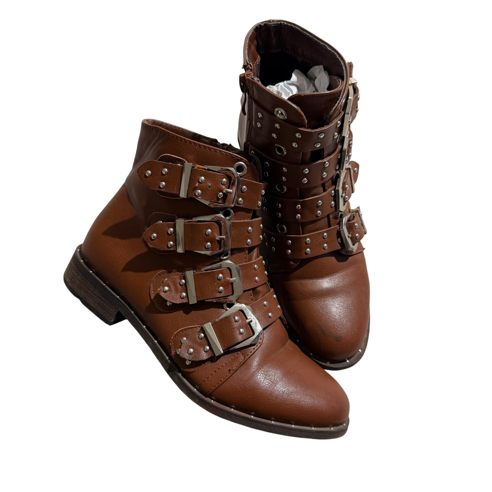 Brown Faux Leather Multi-Buckle Studded Ankle Boots — photo 1 of 8