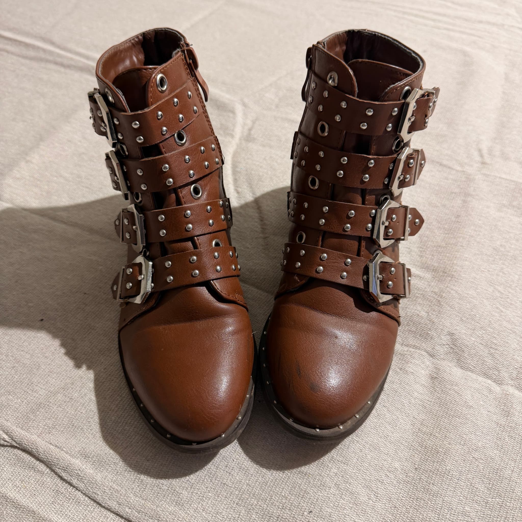Brown Faux Leather Multi-Buckle Studded Ankle Boots — photo 2 of 8