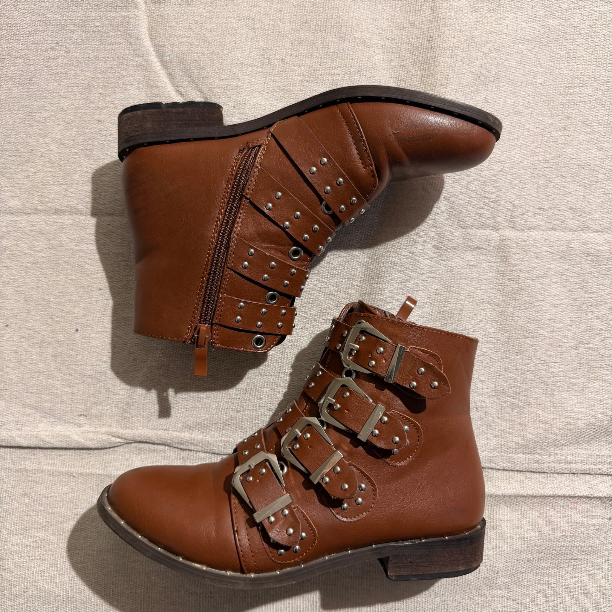 Brown Faux Leather Multi-Buckle Studded Ankle Boots — photo 3 of 8