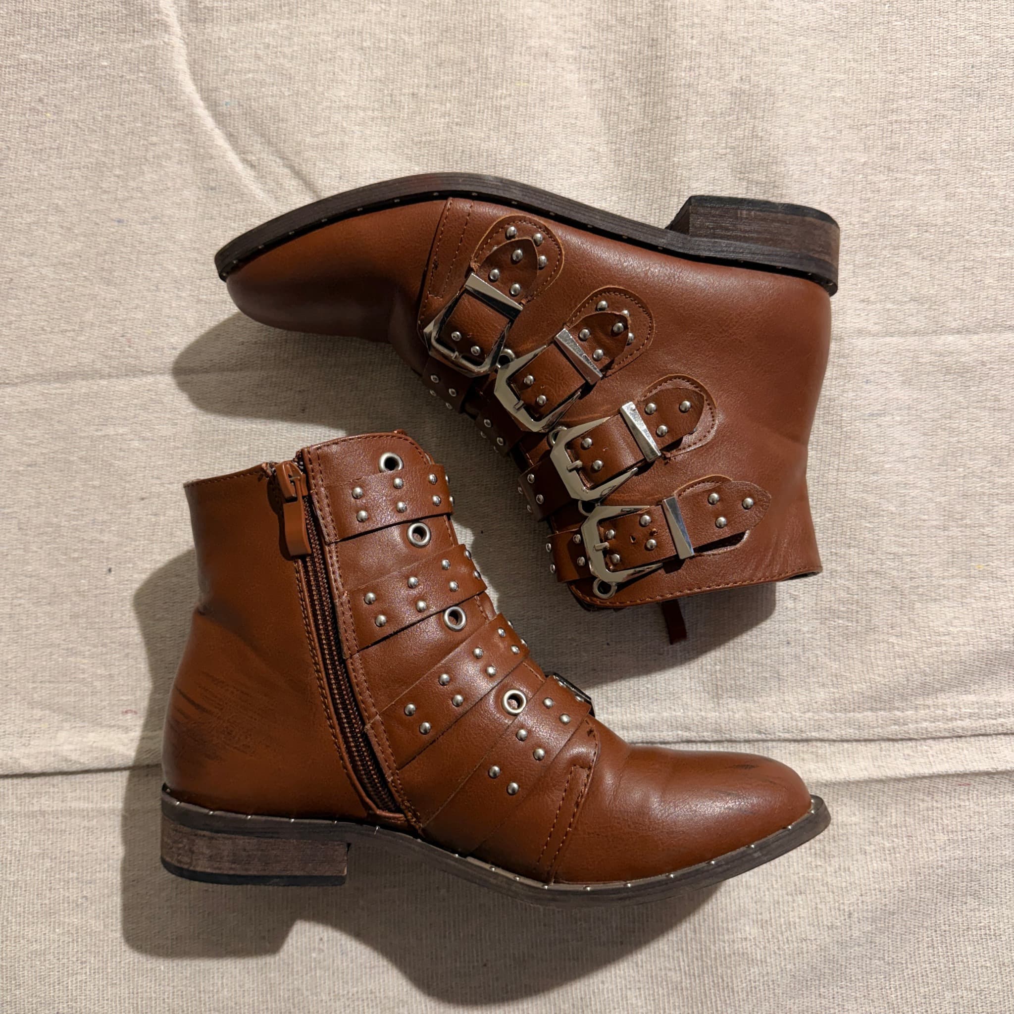 Brown Faux Leather Multi-Buckle Studded Ankle Boots — photo 4 of 8