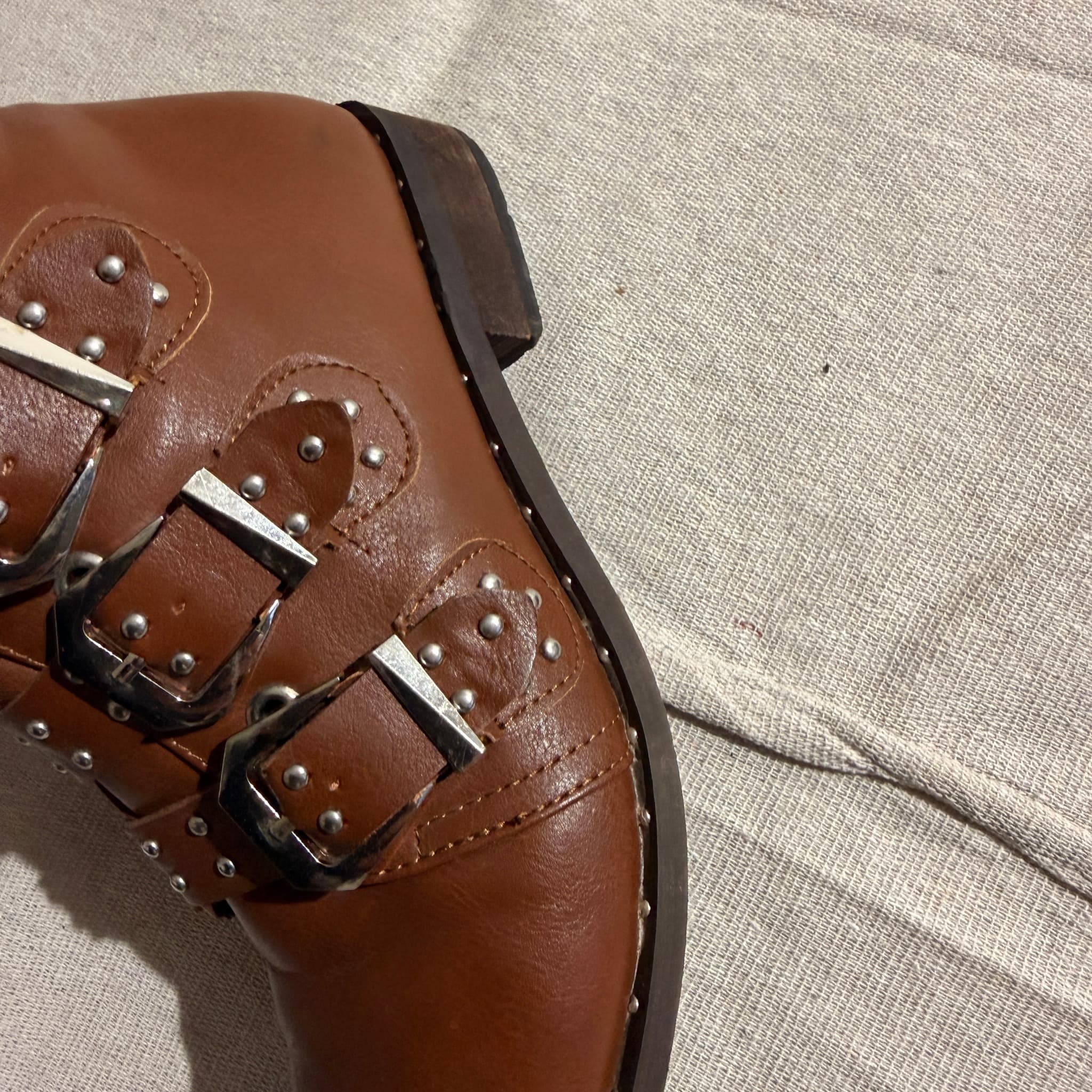 Brown Faux Leather Multi-Buckle Studded Ankle Boots — photo 5 of 8