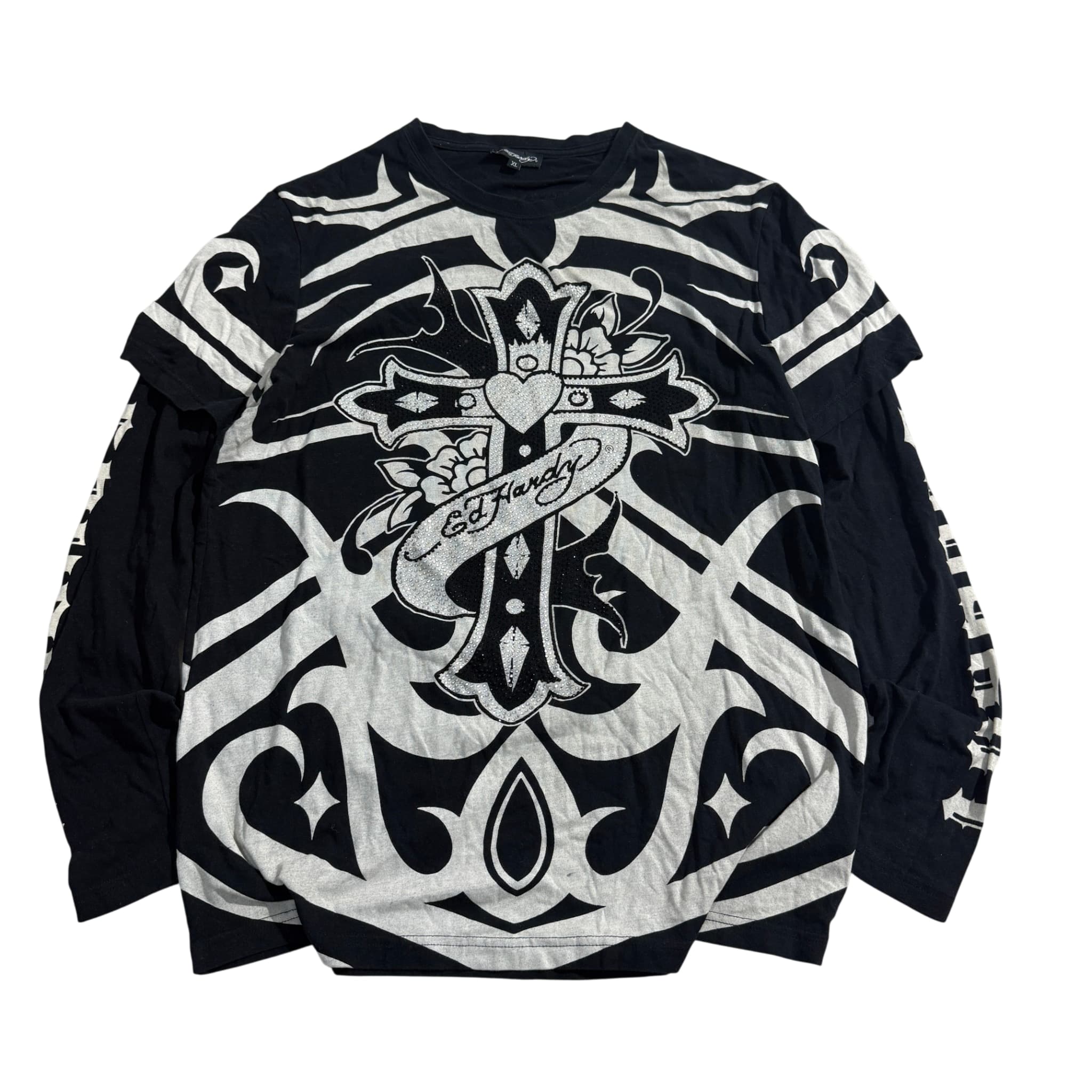 Ed Hardy Long Sleeve T-Shirt Black White Tribal Cross Graphic XL — photo 1 of 6
