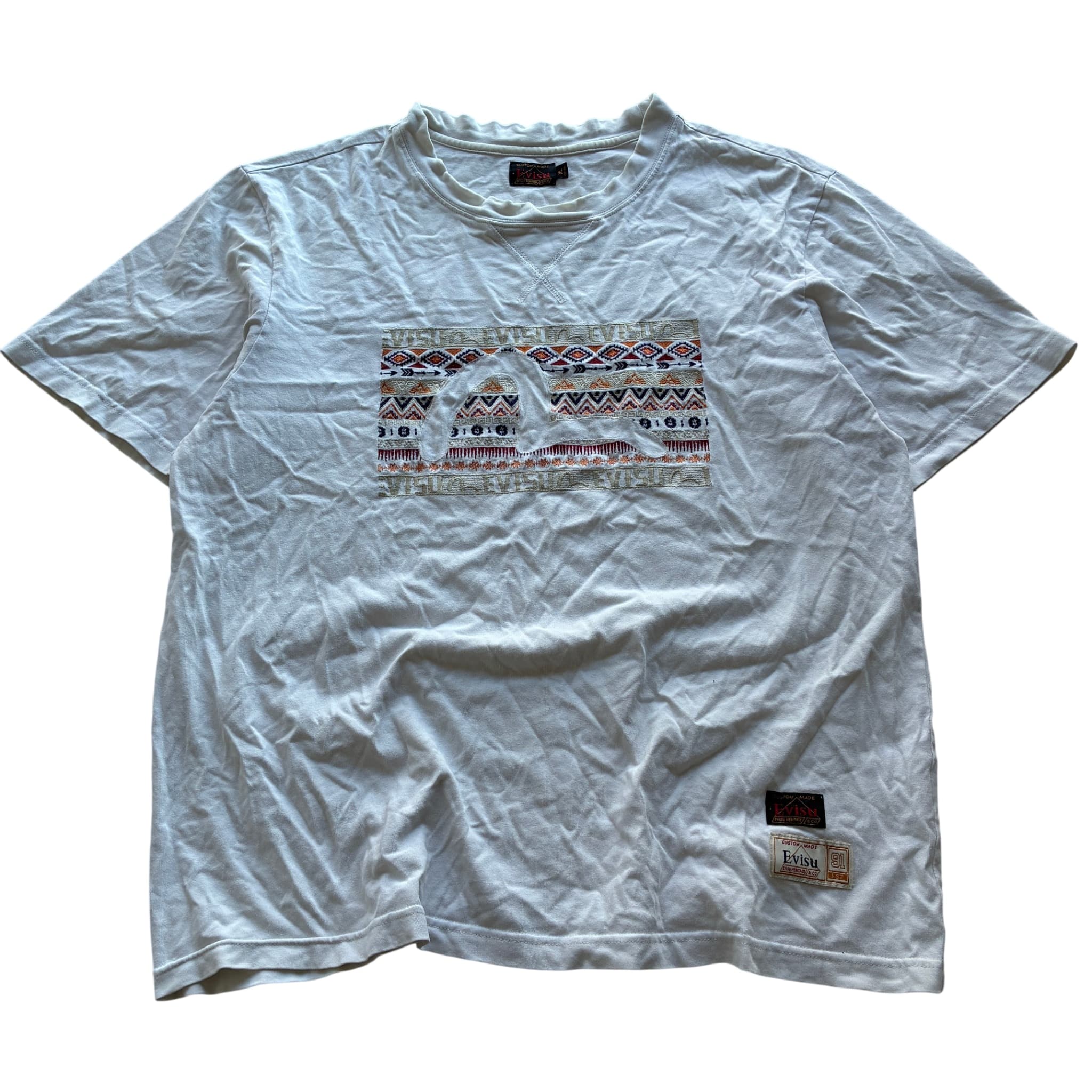 Evisu White T-Shirt With Embroidered Seagull Aztec Pattern Size XL — photo 1 of 8