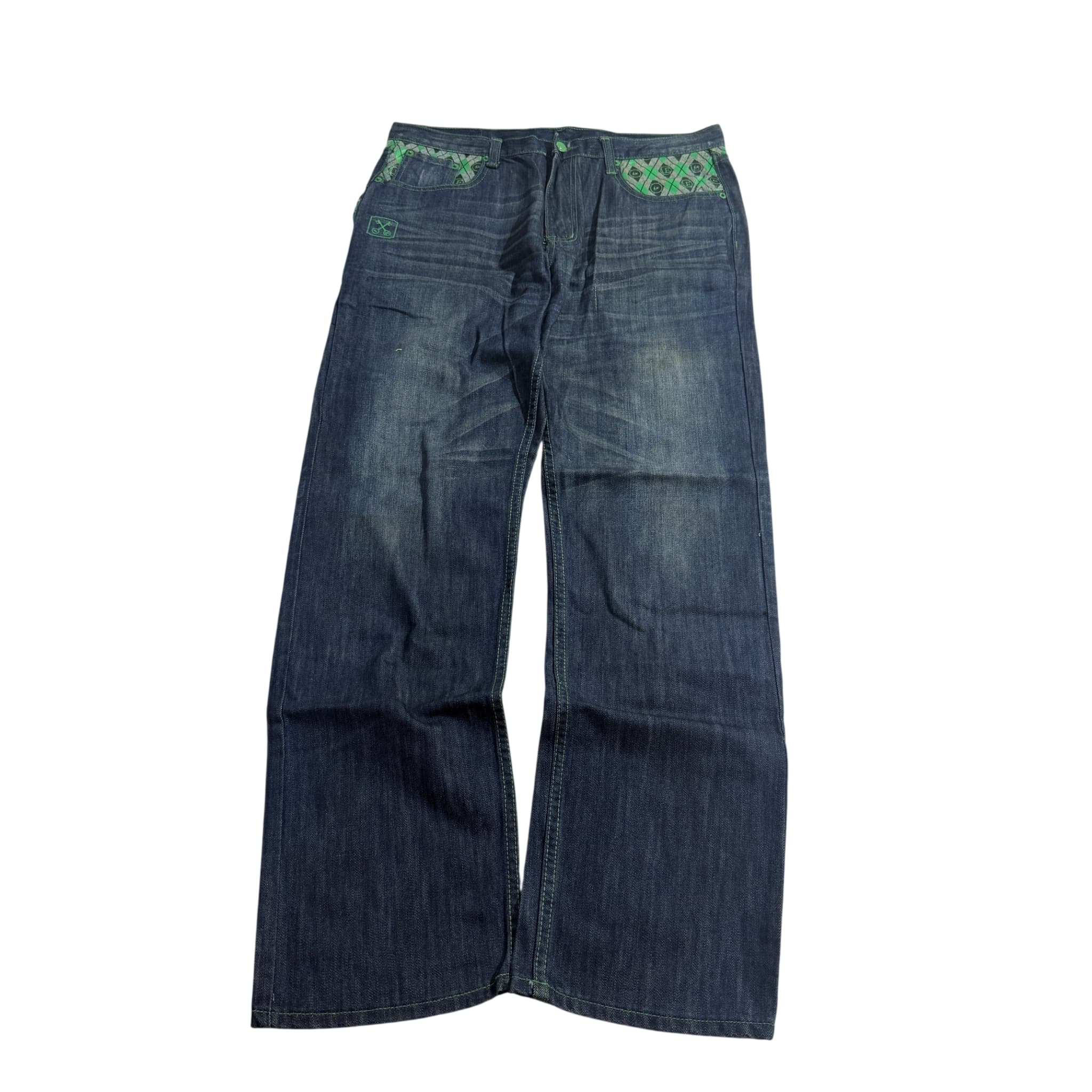 Fenom Fragment Design Dark Wash Denim Jeans Green Argyle Pockets 36 — photo 1 of 9