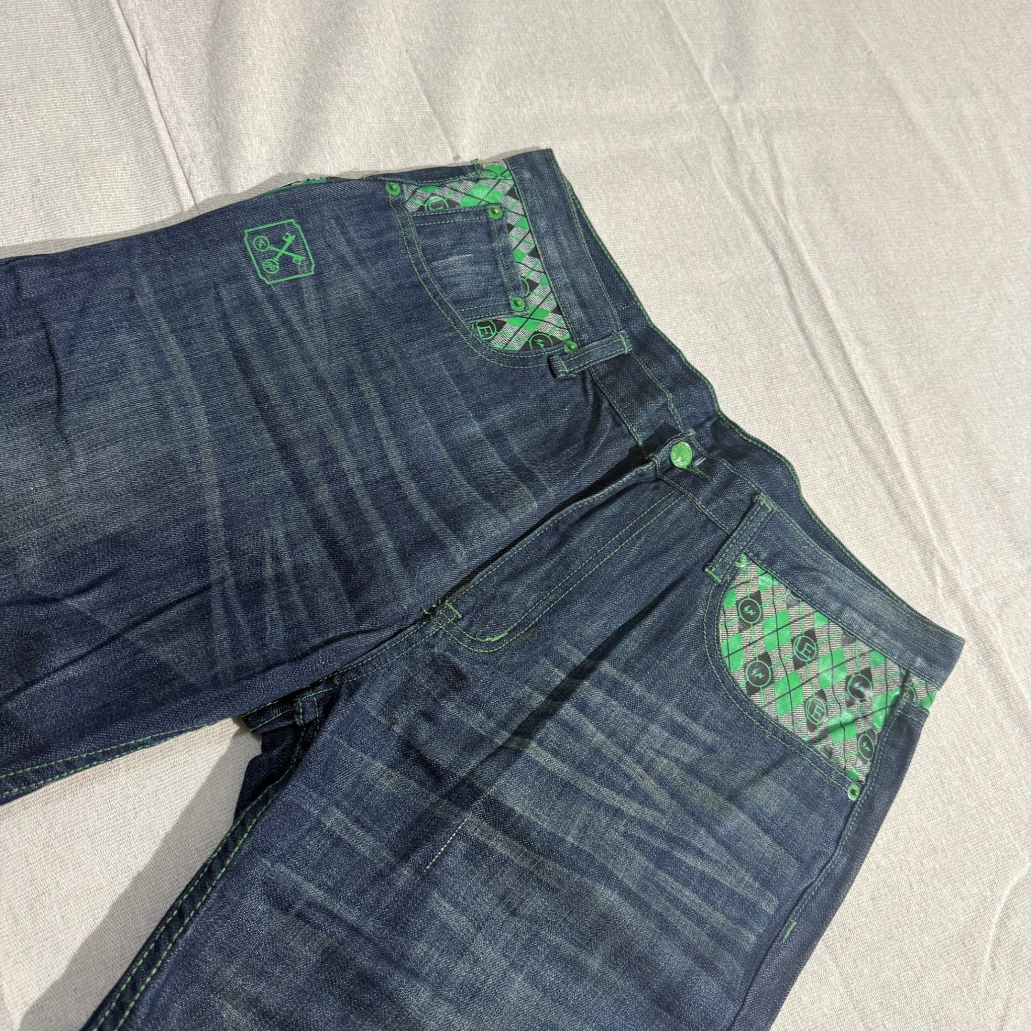 Fenom Fragment Design Dark Wash Denim Jeans Green Argyle Pockets 36 — photo 3 of 9