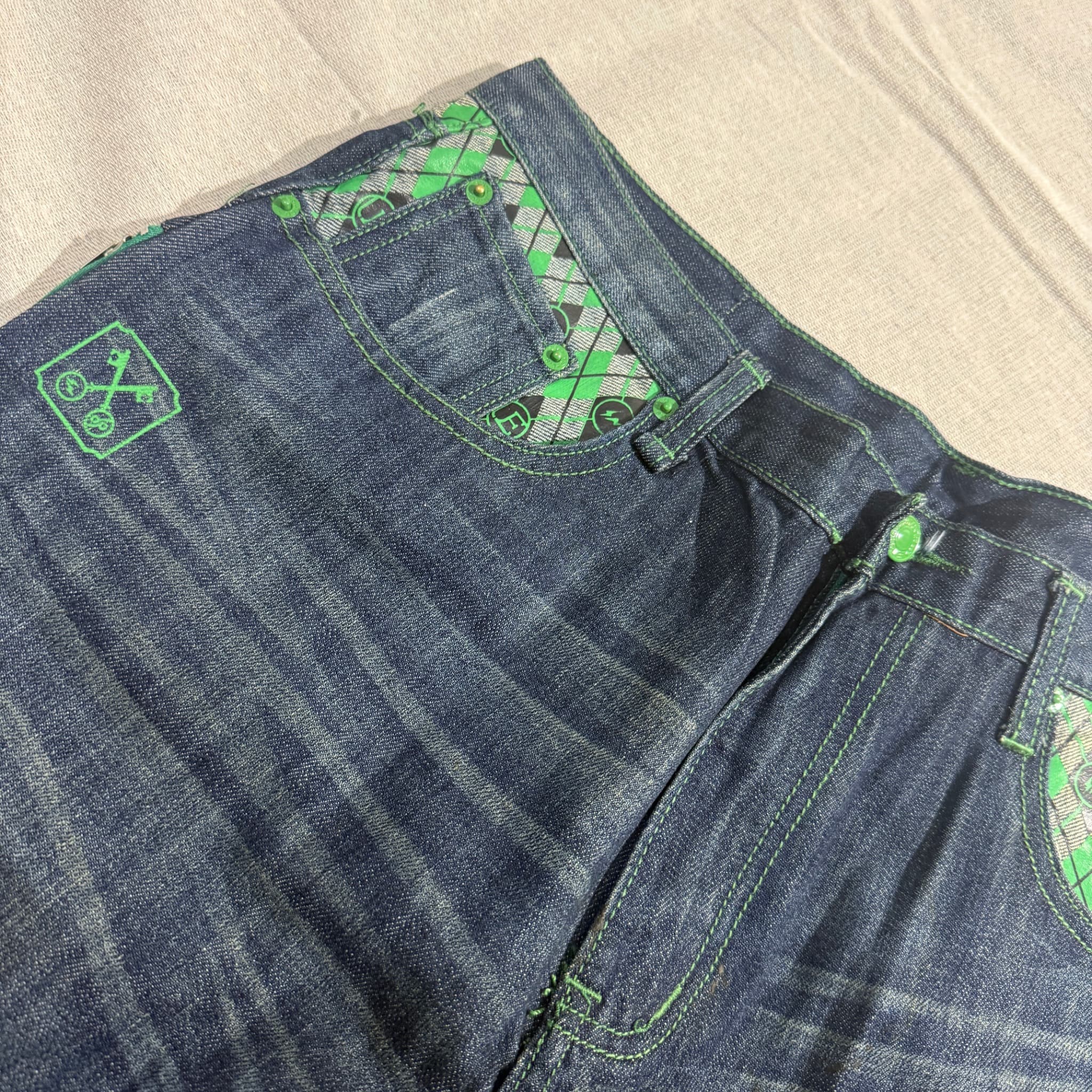 Fenom Fragment Design Dark Wash Denim Jeans Green Argyle Pockets 36 — photo 4 of 9