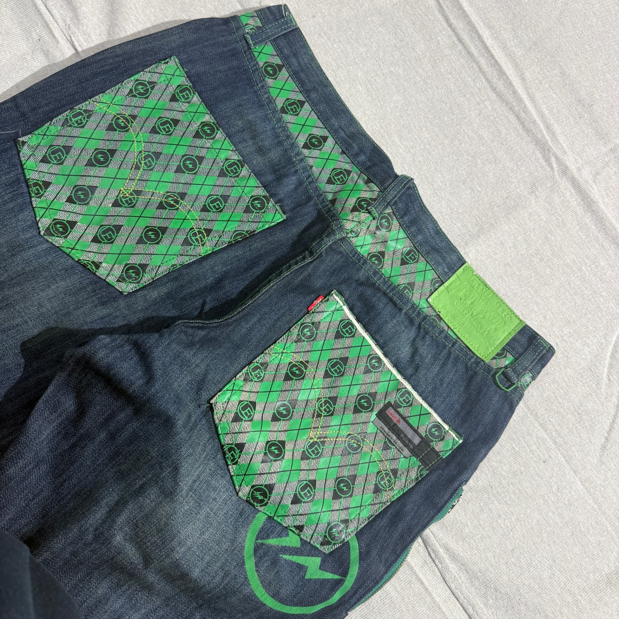 Fenom Fragment Design Dark Wash Denim Jeans Green Argyle Pockets 36 — photo 6 of 9
