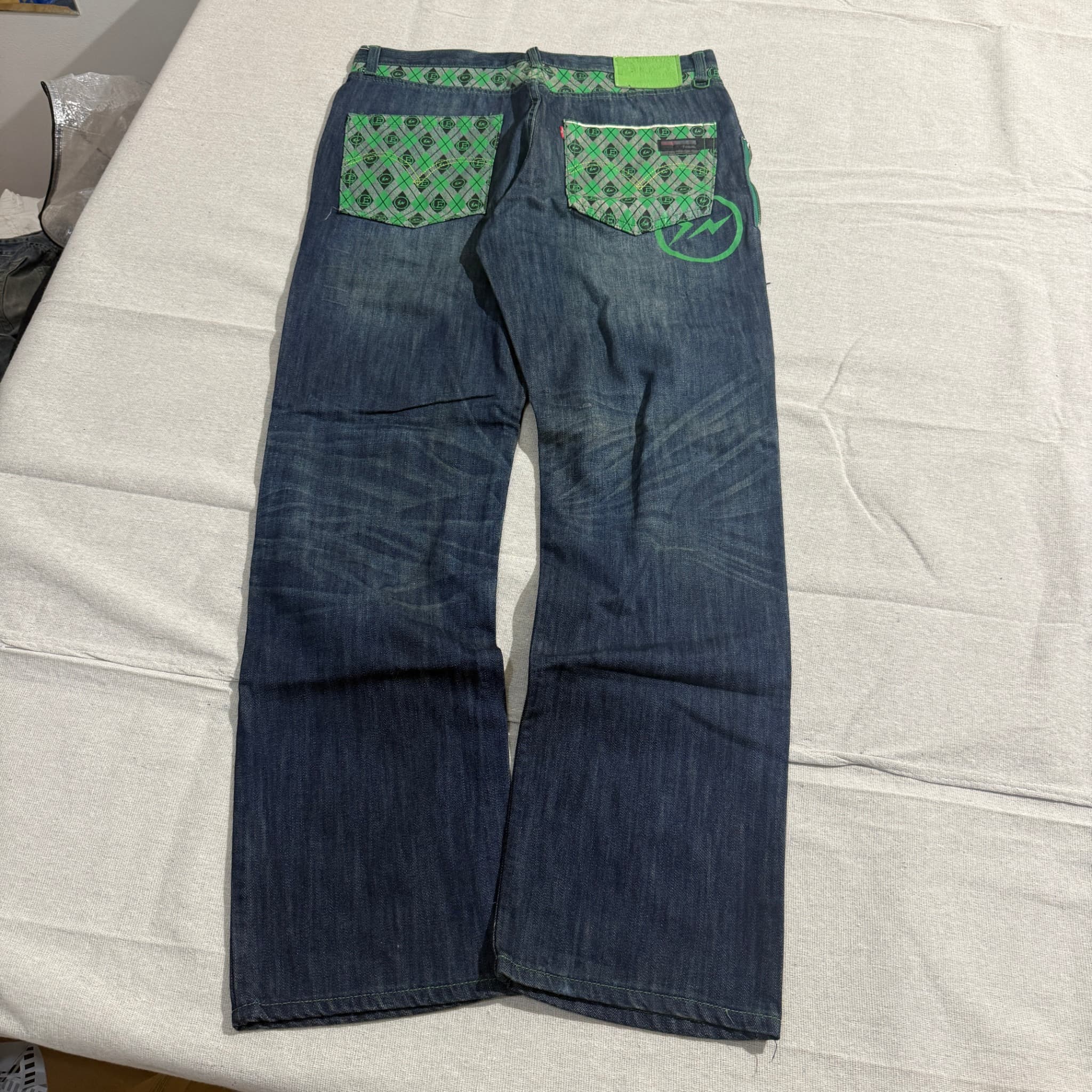 Fenom Fragment Design Dark Wash Denim Jeans Green Argyle Pockets 36 — photo 8 of 9