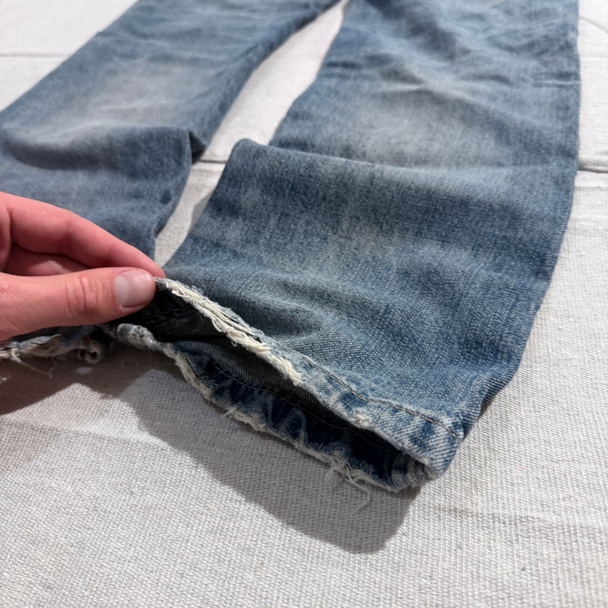 HUSENJI Distressed Denim Jeans With Kanji Print And Camo Patchwork — photo 4 of 10