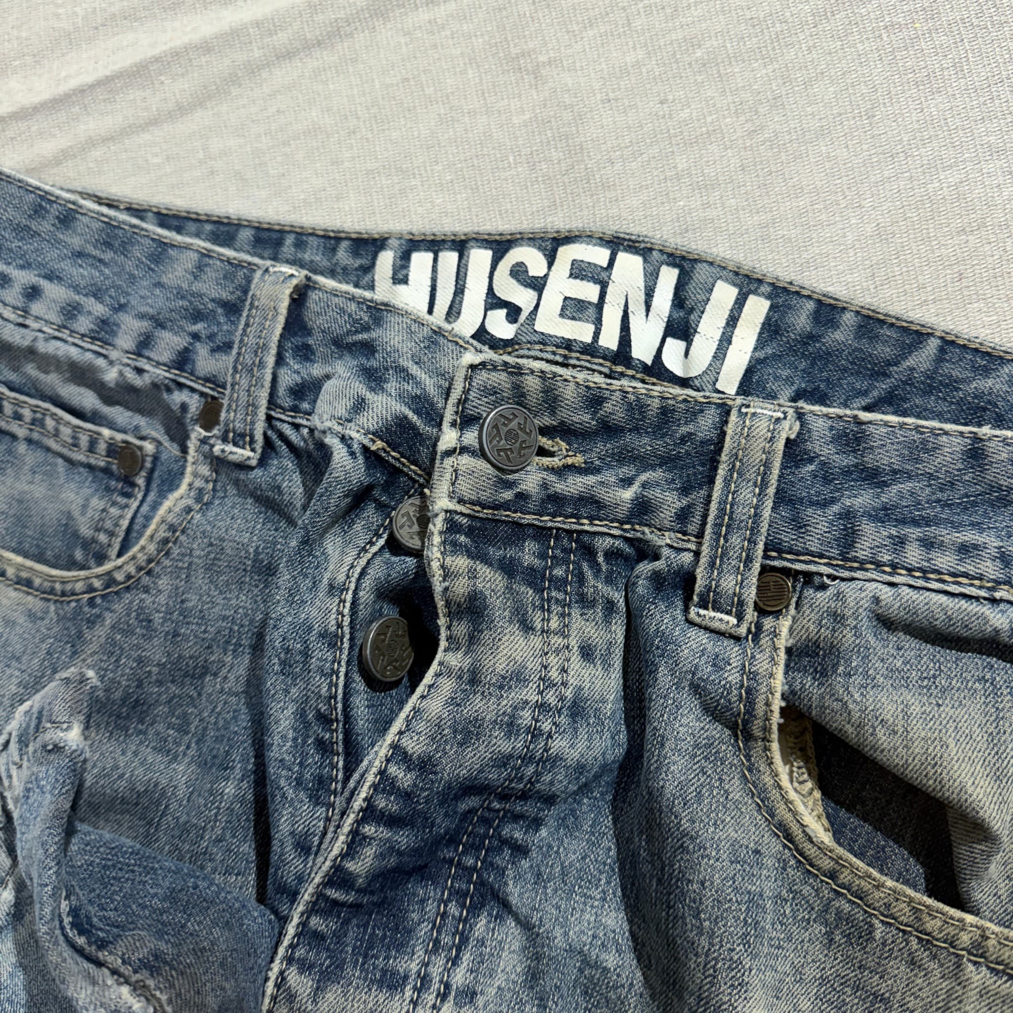 HUSENJI Distressed Denim Jeans With Kanji Print And Camo Patchwork — photo 8 of 10