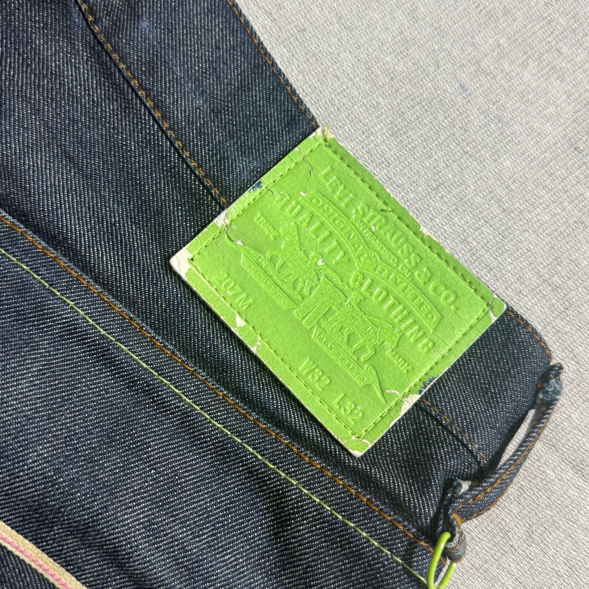 Levi Strauss & Co. x Fragment Design Fenom Raw Denim Jeans Neon Green Accents W32 — photo 5 of 8