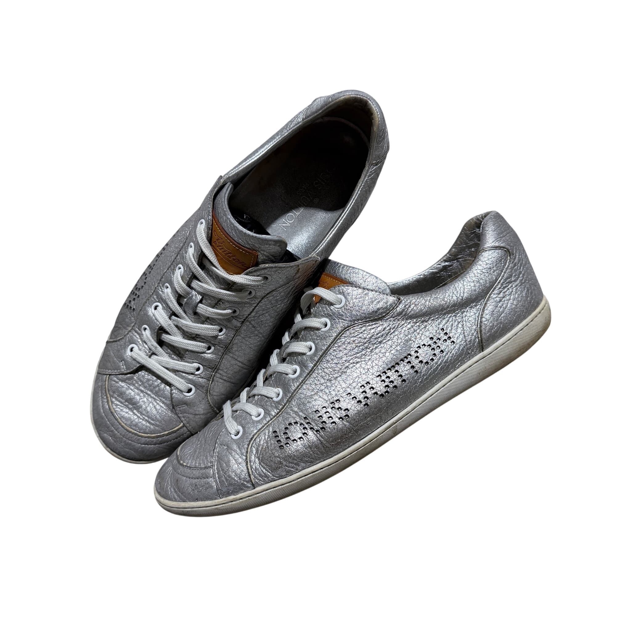Louis Vuitton Silver Metallic Leather Perforated Logo Sneakers — photo 1 of 8