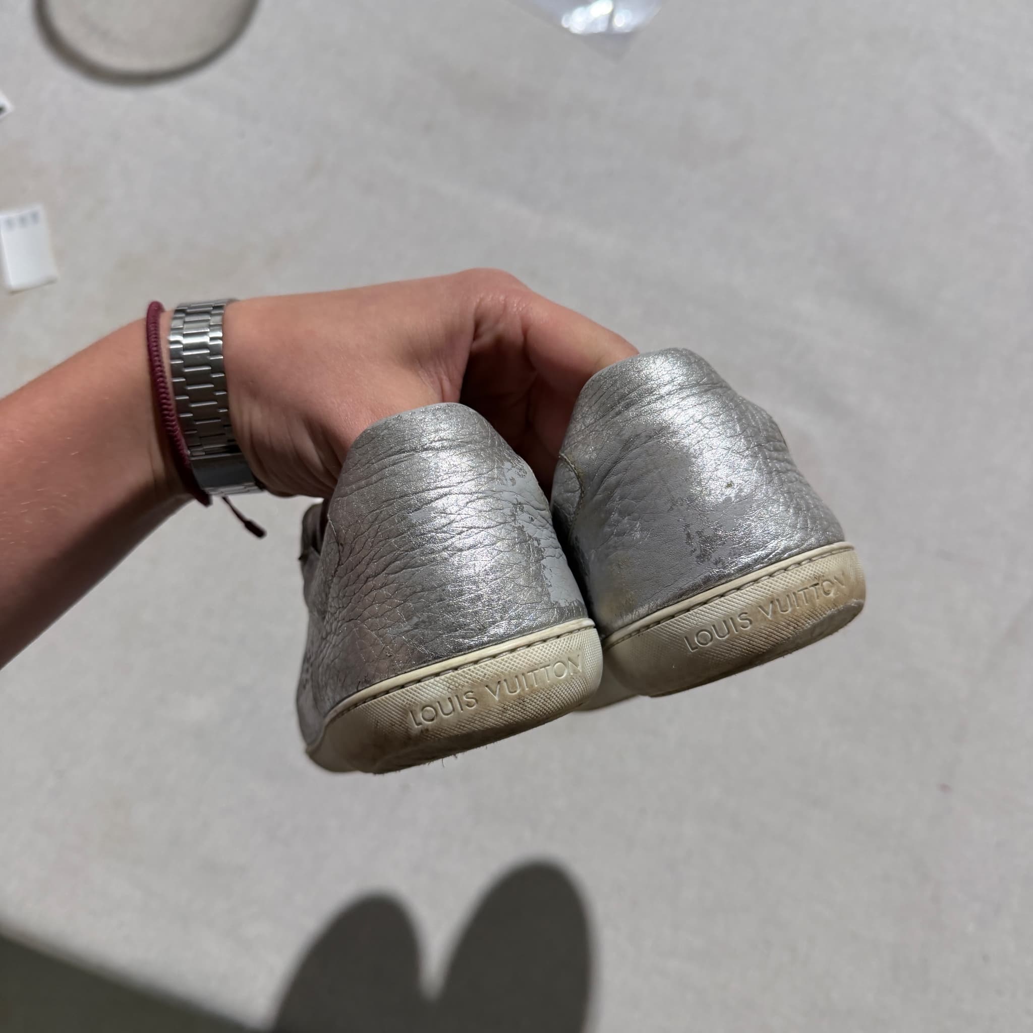 Louis Vuitton Silver Metallic Leather Perforated Logo Sneakers — photo 7 of 8
