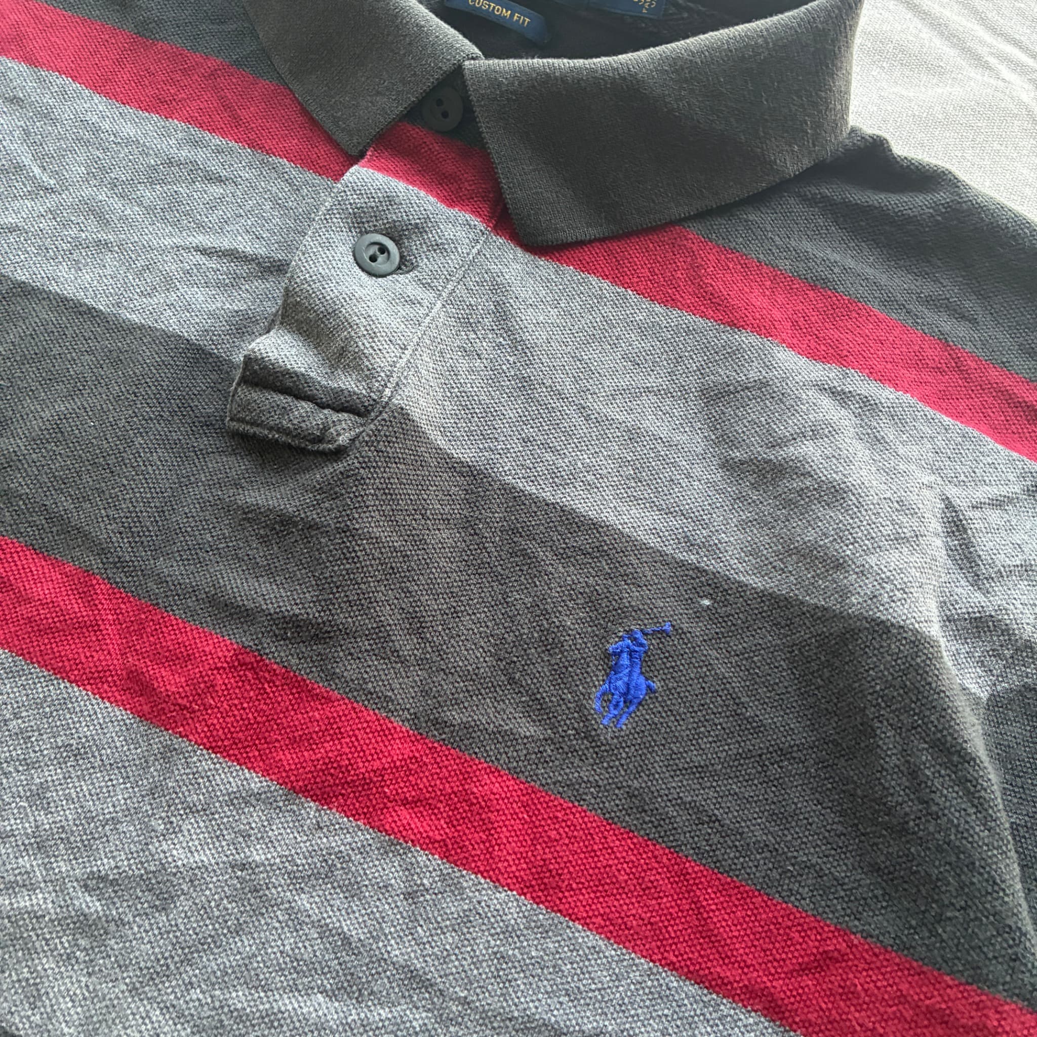 Polo Ralph Lauren Custom Fit Striped Polo Shirt Grey Red Black Size L — photo 3 of 6