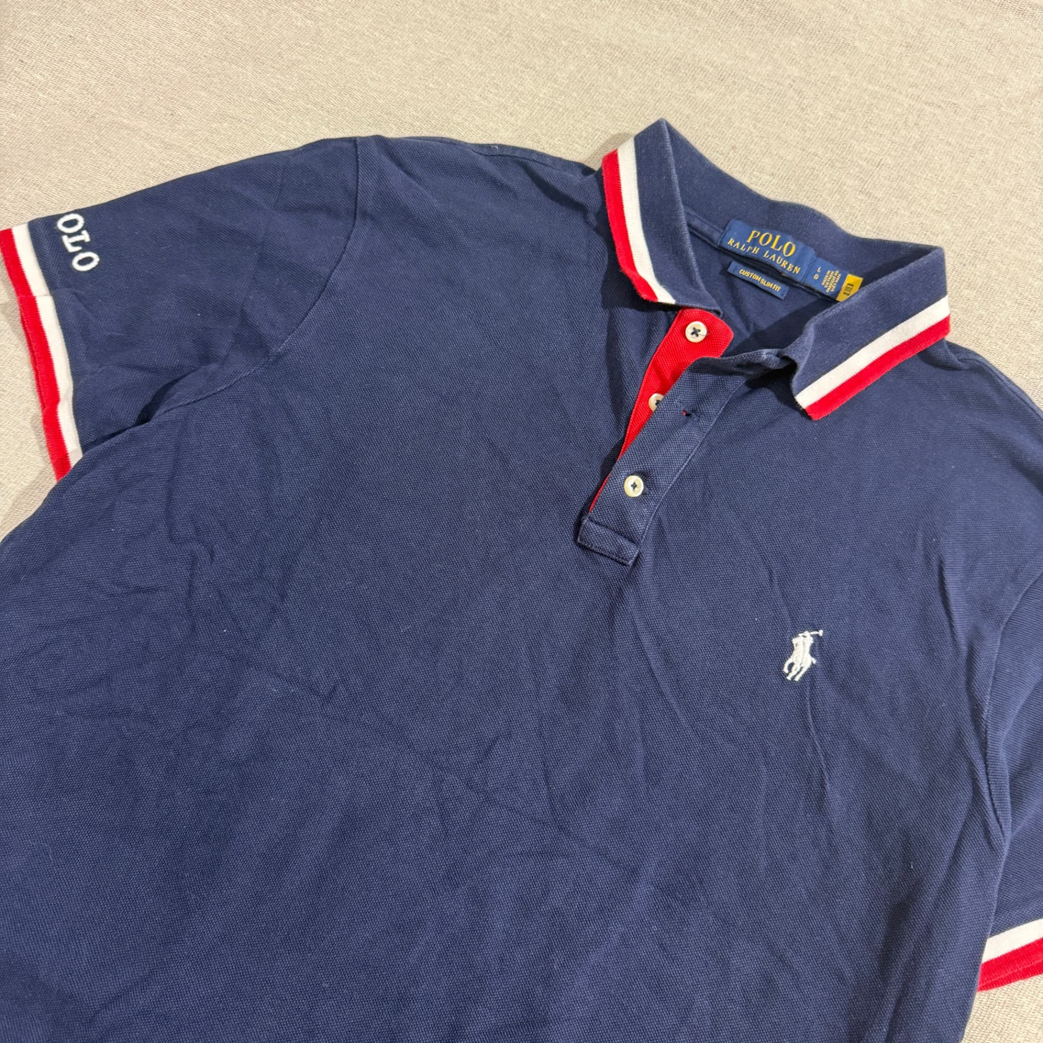 Polo Ralph Lauren Custom Slim Fit Polo Shirt Navy Red White Trim — photo 2 of 5