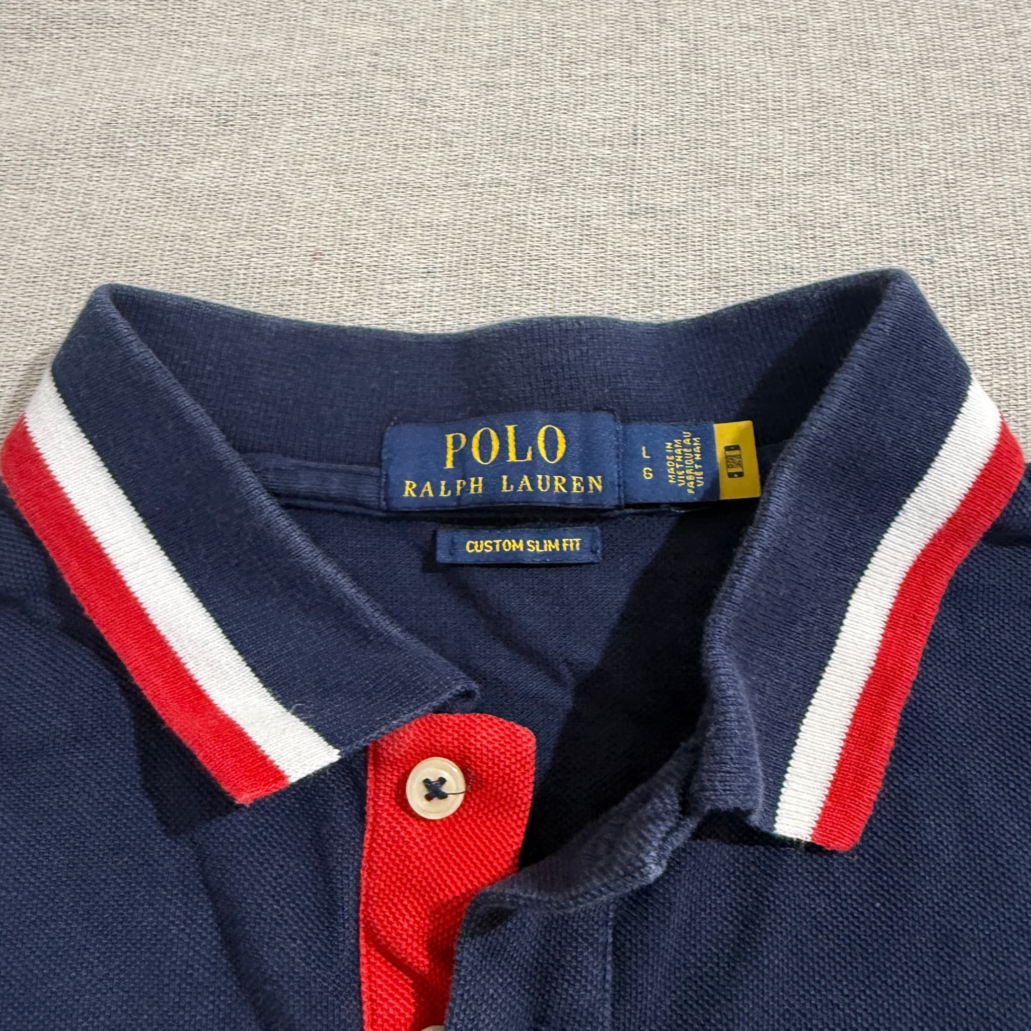 Polo Ralph Lauren Custom Slim Fit Polo Shirt Navy Red White Trim — photo 3 of 5