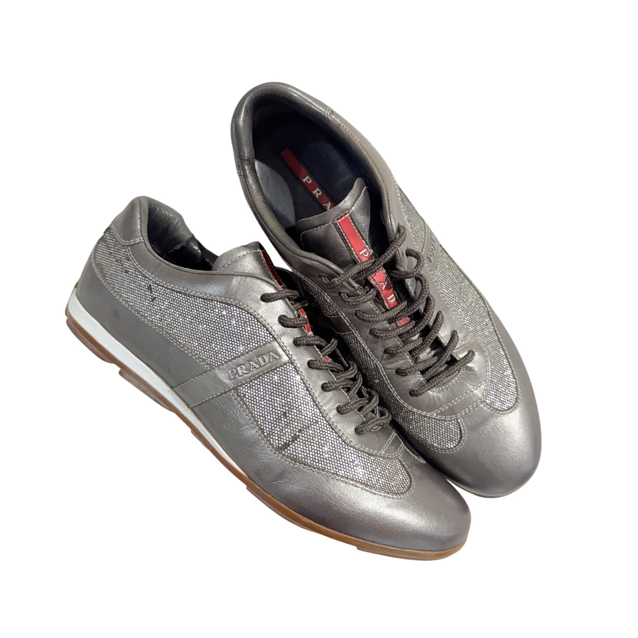 Prada Metallic Silver Leather And Mesh Sneakers Size 8 — photo 1 of 8