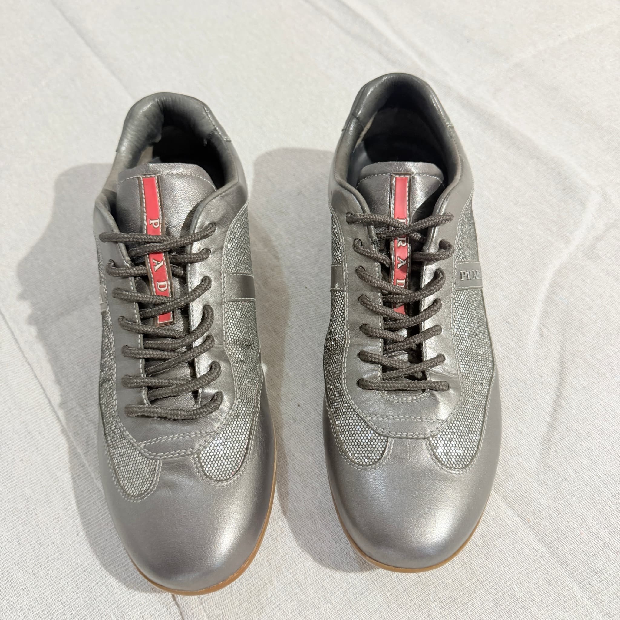 Prada Metallic Silver Leather And Mesh Sneakers Size 8 — photo 2 of 8