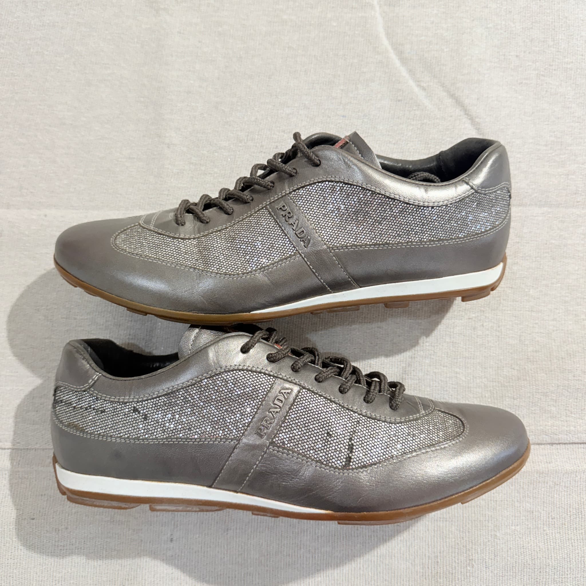 Prada Metallic Silver Leather And Mesh Sneakers Size 8 — photo 3 of 8