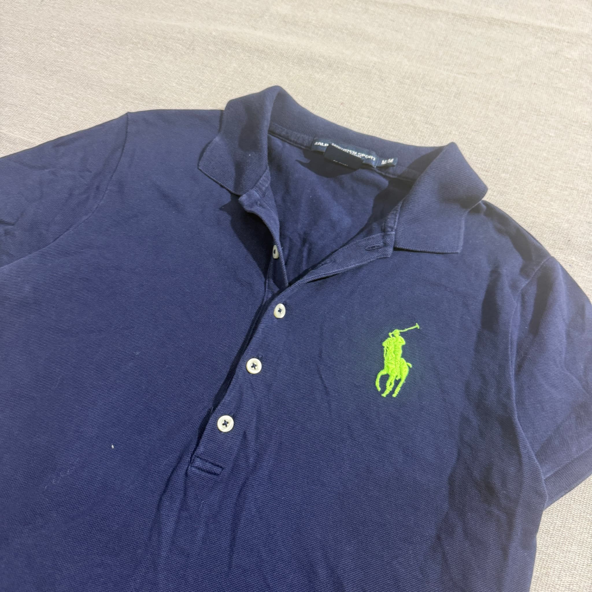 Ralph Lauren Sport Sport Sport Navy Blue Polo Shirt With Neon Green Logo — photo 2 of 5