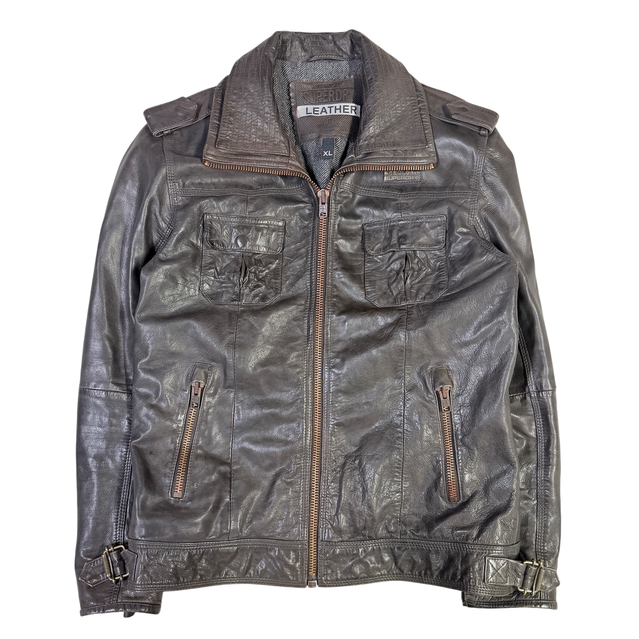 Superdry Men's Leather Jacket Brown Zip Up Utility Style Size XL — photo 1 of 9